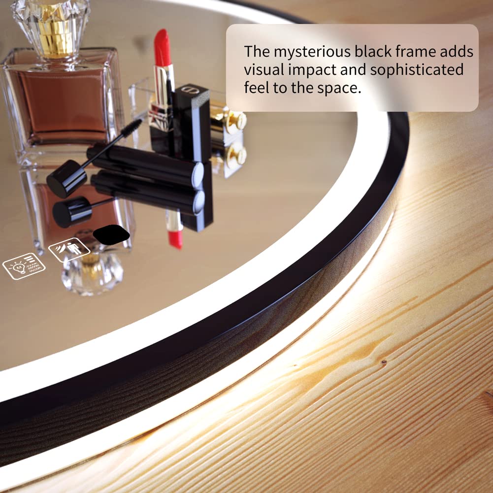 Ganpe Led Sensor Mirror, Round Human Body Induction, Black Framed Vanity Mirror, Illuminated Dimmable Anti Fog Ip44 Waterproof W