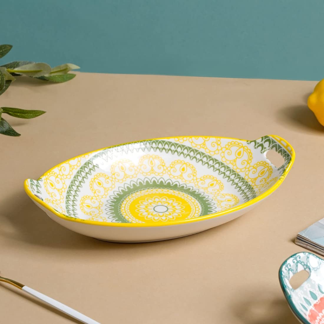 Nestasia Yellow and Green Mandala Ceramic Long Dish with Handles for Serving Snacks, Appetizers, Salads, and Noodles| Microwave