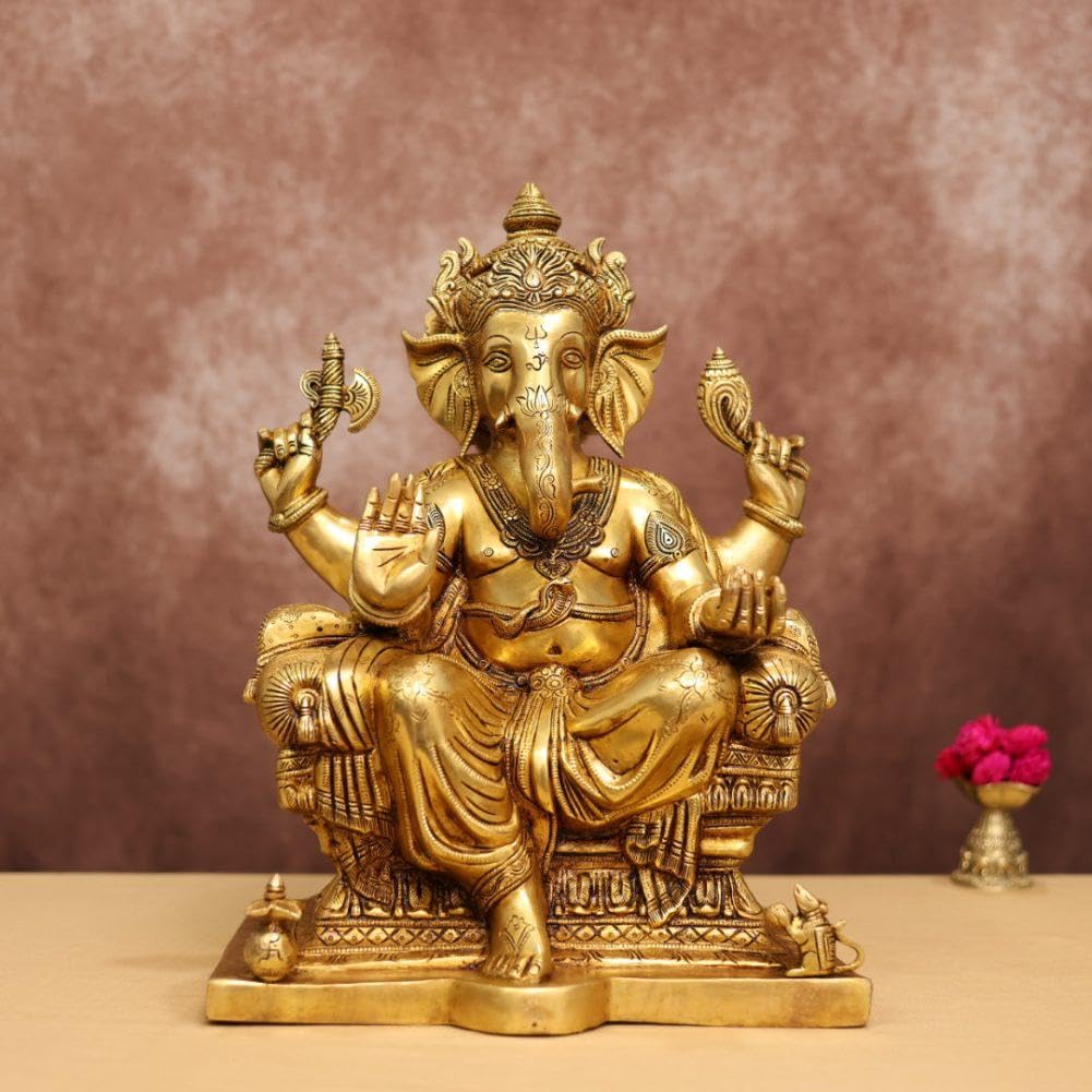 Brass Ganesha Statue With Mosaic, 45 Cm Brass Ganesh Statue, Ganpati Idol, Good Luck Gift For New Beginnings, House Warming Gift