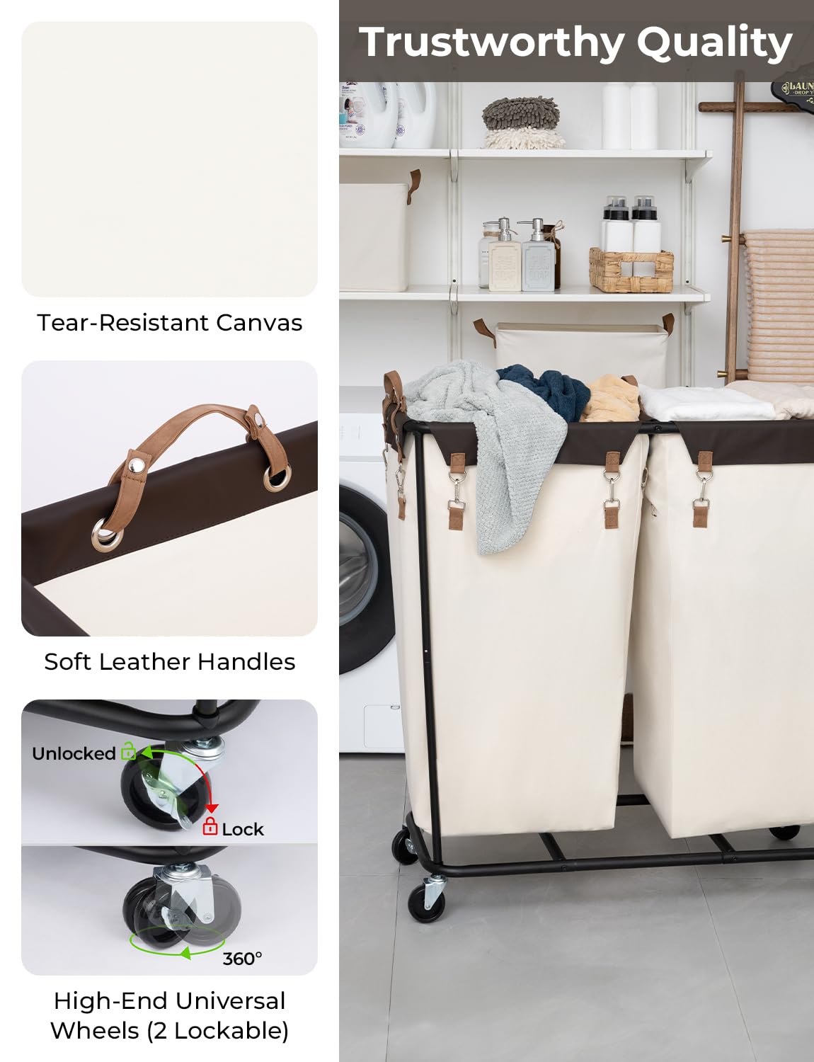 Storageworks Laundry Sorter Cart With 2 Sections, 390L Laundry Cart With Wheels, Extra Large Double Laundry Hamper, Laundry Bask
