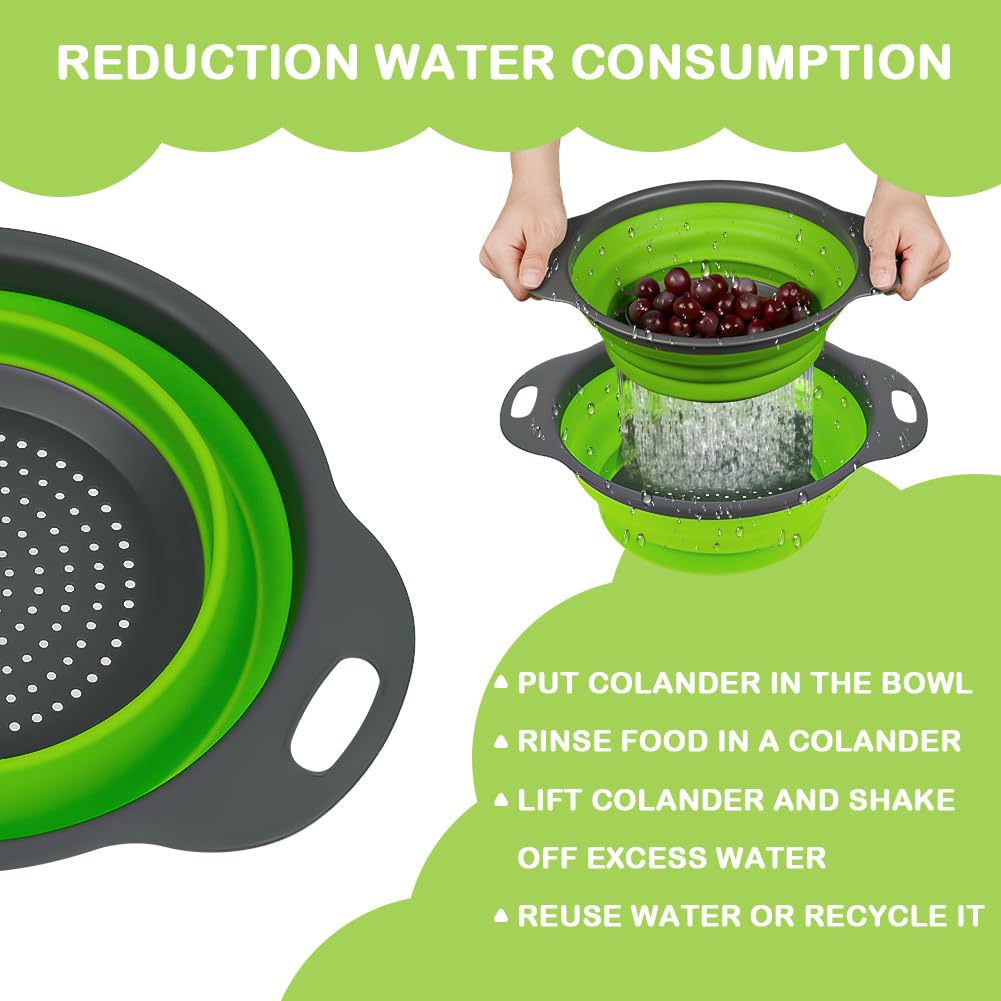 Auauy 2 Pcs Collapsible Colander Set, Round Silicone Folding Colander With Plastic Handles, Eco-Friendly Large Hole Kitchen Stra