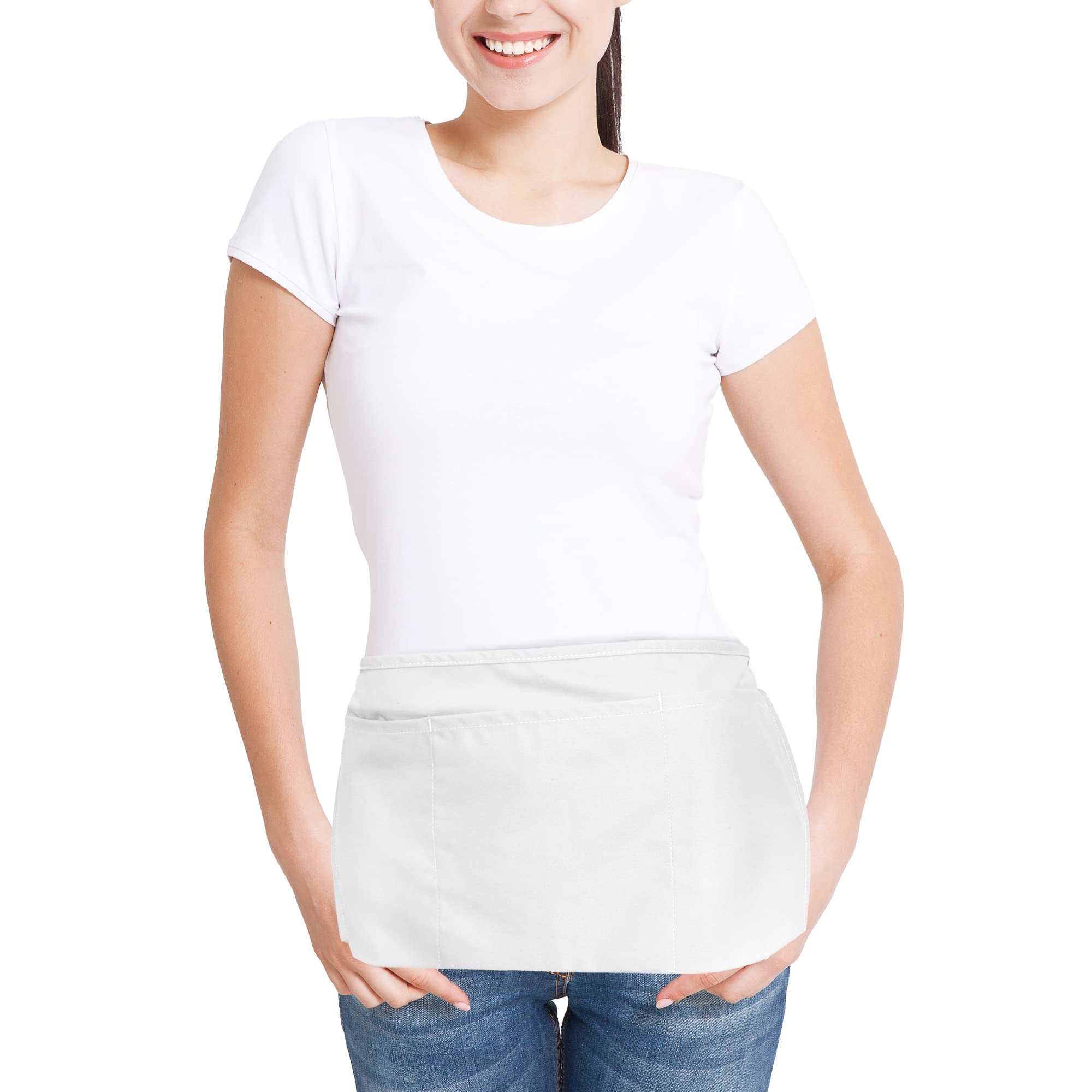 Dalix Waist Aprons Commercial Restaurant Home Bib Spun Poly Cotton Kitchen (3 Pockets) In White
