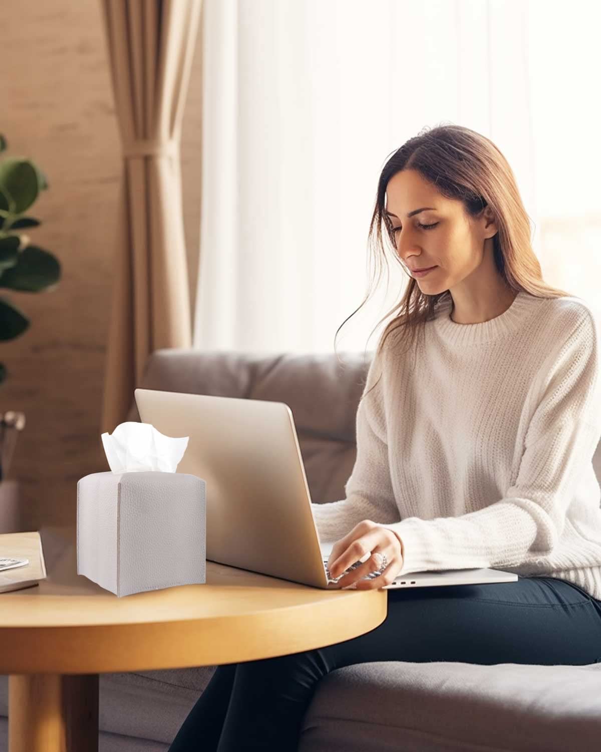 Light Purple Tissue Box Cover Square - With Bottom Belt [Jesmini] Modern Pu Leather Tissue Box Holder Decorative For Bathroom Va