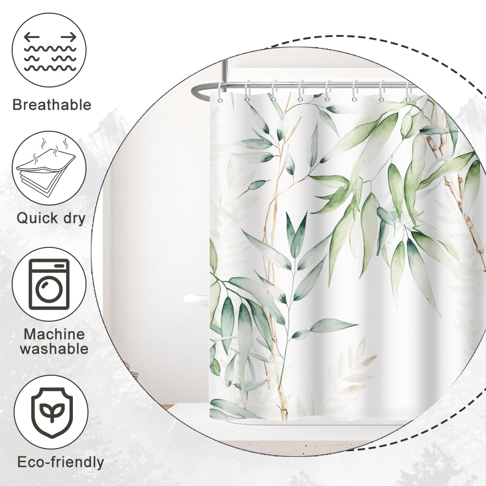 Ruelvth Green Bamboo Shower Curtain, Watercolor Green Leaves Shower Curtain For Bathroom Waterproof Fabric Spring Botanical Show