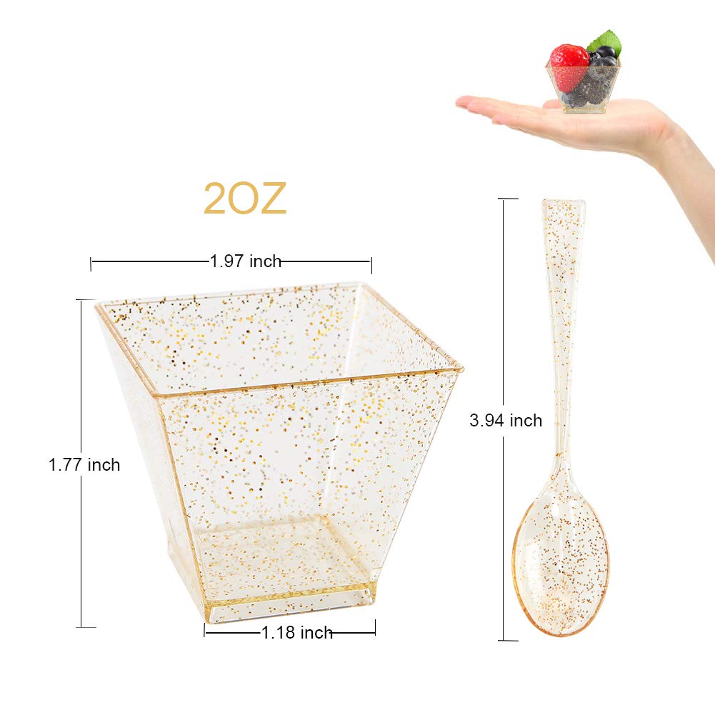I00000 200 Pieces Small Plastic Dessert Cups With Mini Spoons Gold Glitter, Premium Quality, Includes Disposable Square Cups 2 O