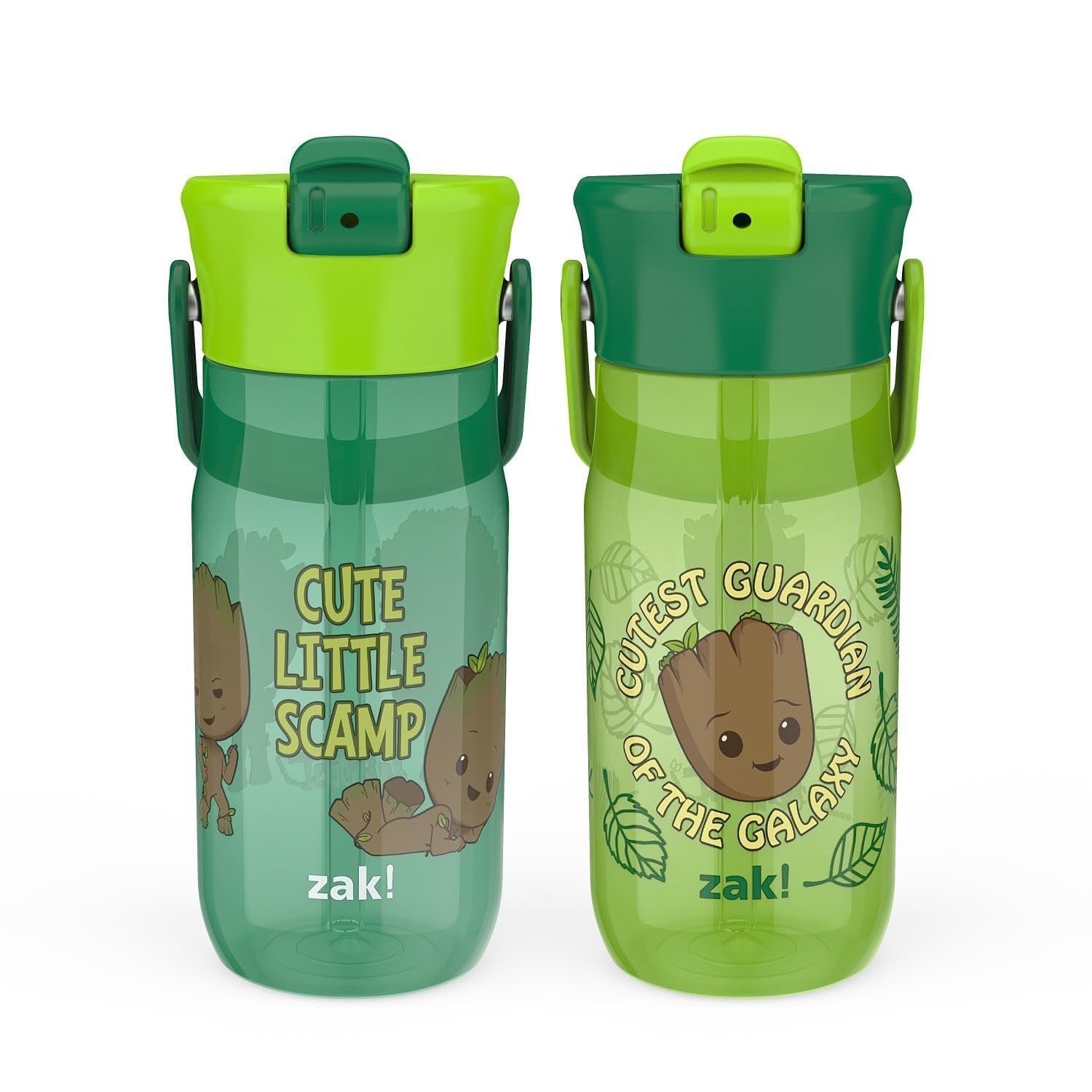 Zak Designs Harmony Marvel Groot Water Bottle for Travel or At Home, 18oz Recycled Plastic is Leak-Proof When Closed with Straw 