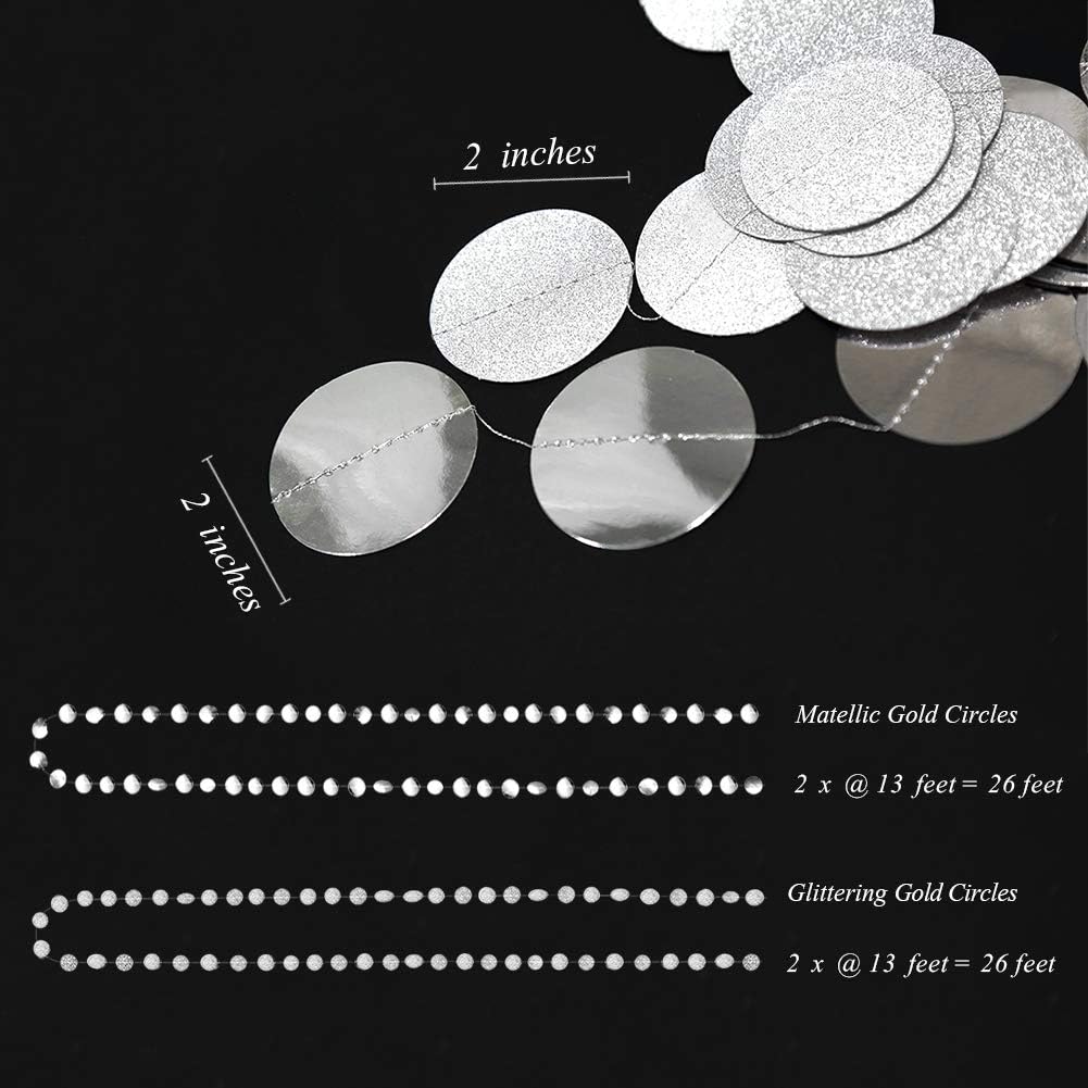 Cheerland Glitter Silver Circle Dot Garlands Party Decorations Hanging Circle Banner Streamer Backdrop Decor Wedding Birthday Bday Engagement Bridal Shower Bachelorette Party Supplies