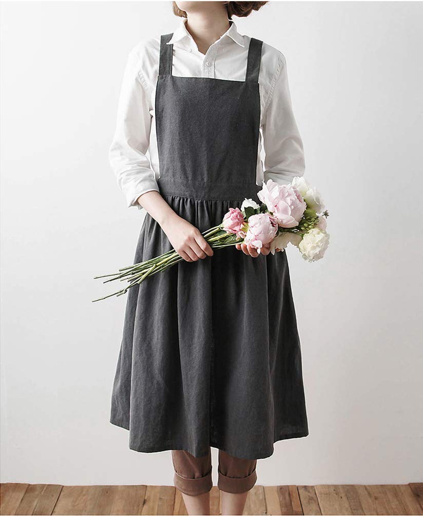Losofar Women Girls Vintage Apron Gardening Works Cross Back Pinafore Dress (Grey(No Pocket), 33''X 29'')