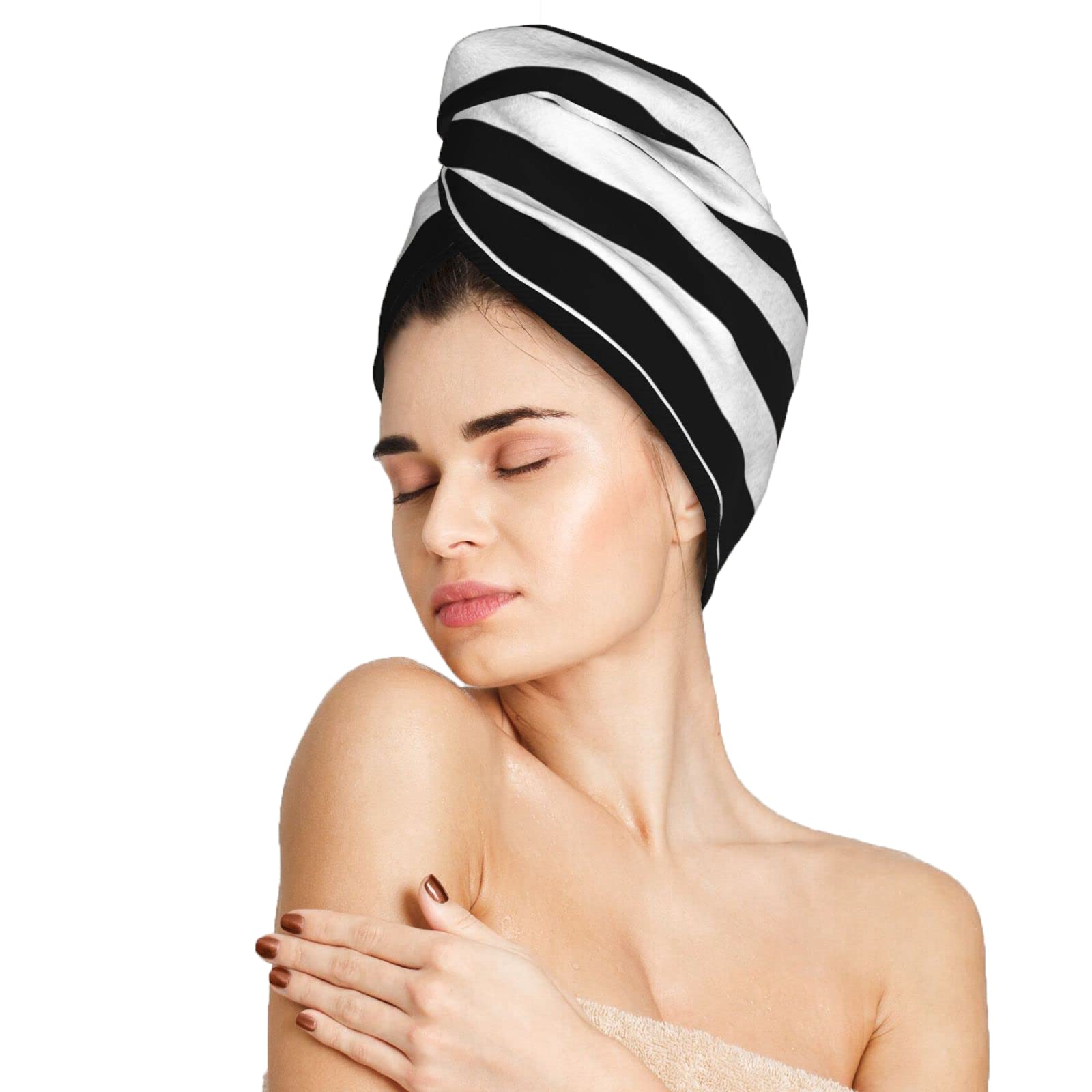 famliihw Black and White Stripe Hair Towel Wrap Microfiber Fast Drying Hair Turban with Buttons for Women Men Drying Curly, Long