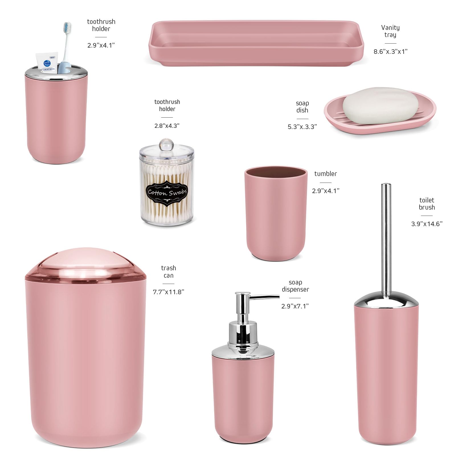Imavo Bathroom Set - 9 Pcs Pink Bathroom Accessories Set With Trash Can,Tray,Soap Dispenser,Soap Dish, Toothbrush Holder,Toothbr