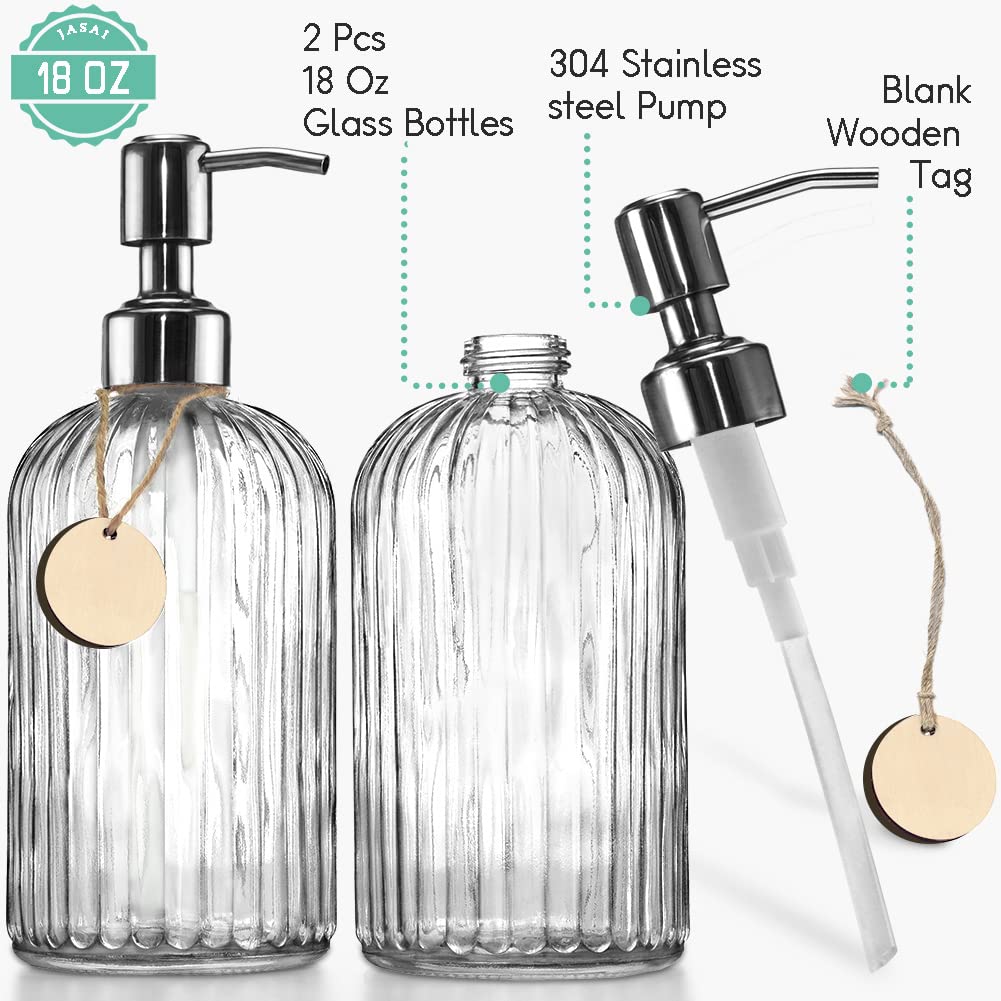 JASAI 2PACK 18 Oz Glass Soap Dispenser with Rust Proof Stainless Steel Pump  Refillable Hand Soap Dispenser with Vertical Stripe  Premium Bathroom Soap Dispenser for Kitchen & Bathroom.