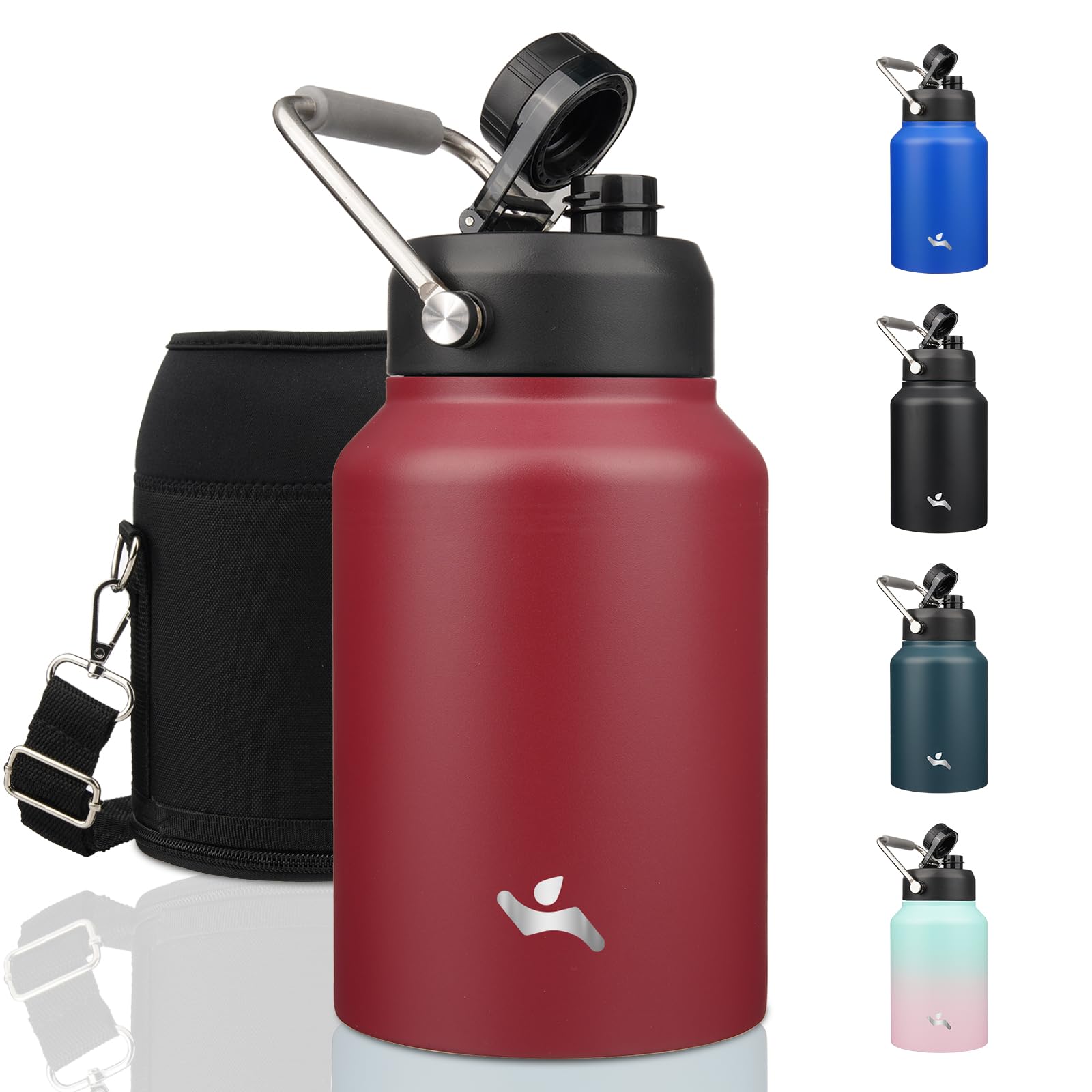 Konokyo Half Gallon Jug with Handle,64 oz Insulated Water Bottle with Carrying Pouch,Double Wall Vacuum Stainless Steel Metal Bo