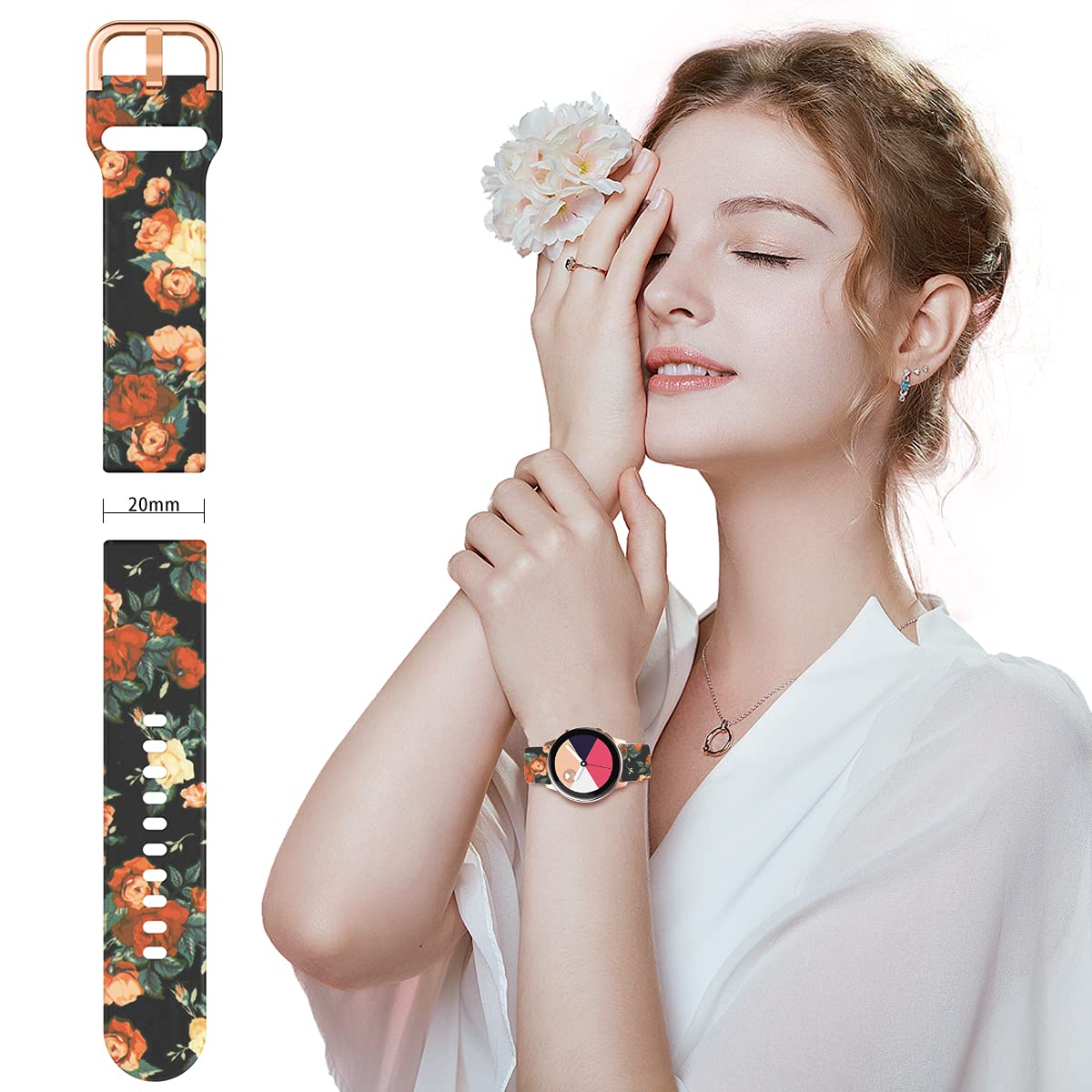 Toolaik Floral Bands Compatible With Samsung Active 2 Watch Band 40Mm 44Mm,Active Watch Band 40Mm,20Mm Silicone Watch Bands For