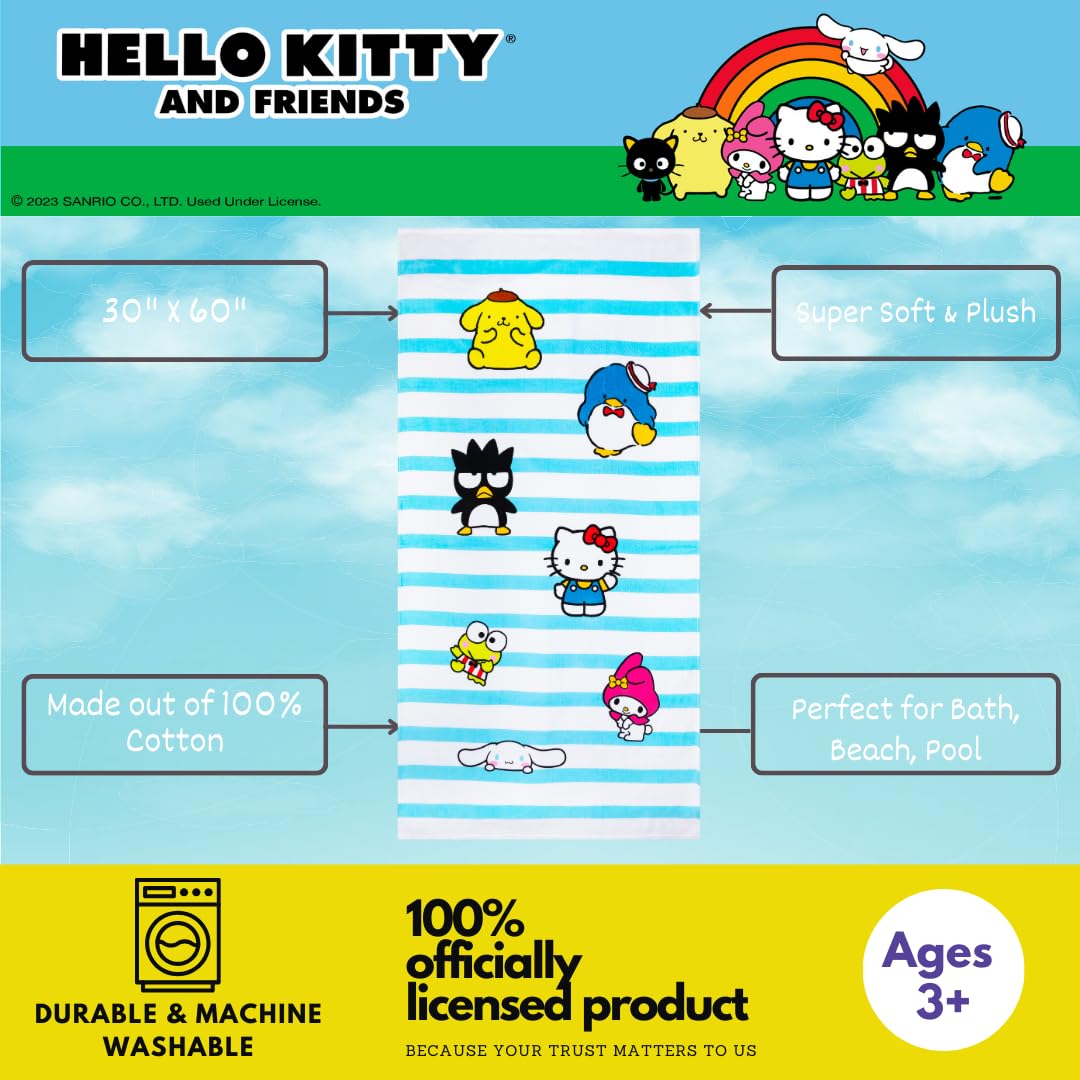 Franco Collectibles Sanrio Hello Kitty & Friends Super Soft Cotton Bath/Pool/Beach Towel, 60 In X 30 In, (Official Licensed Prod