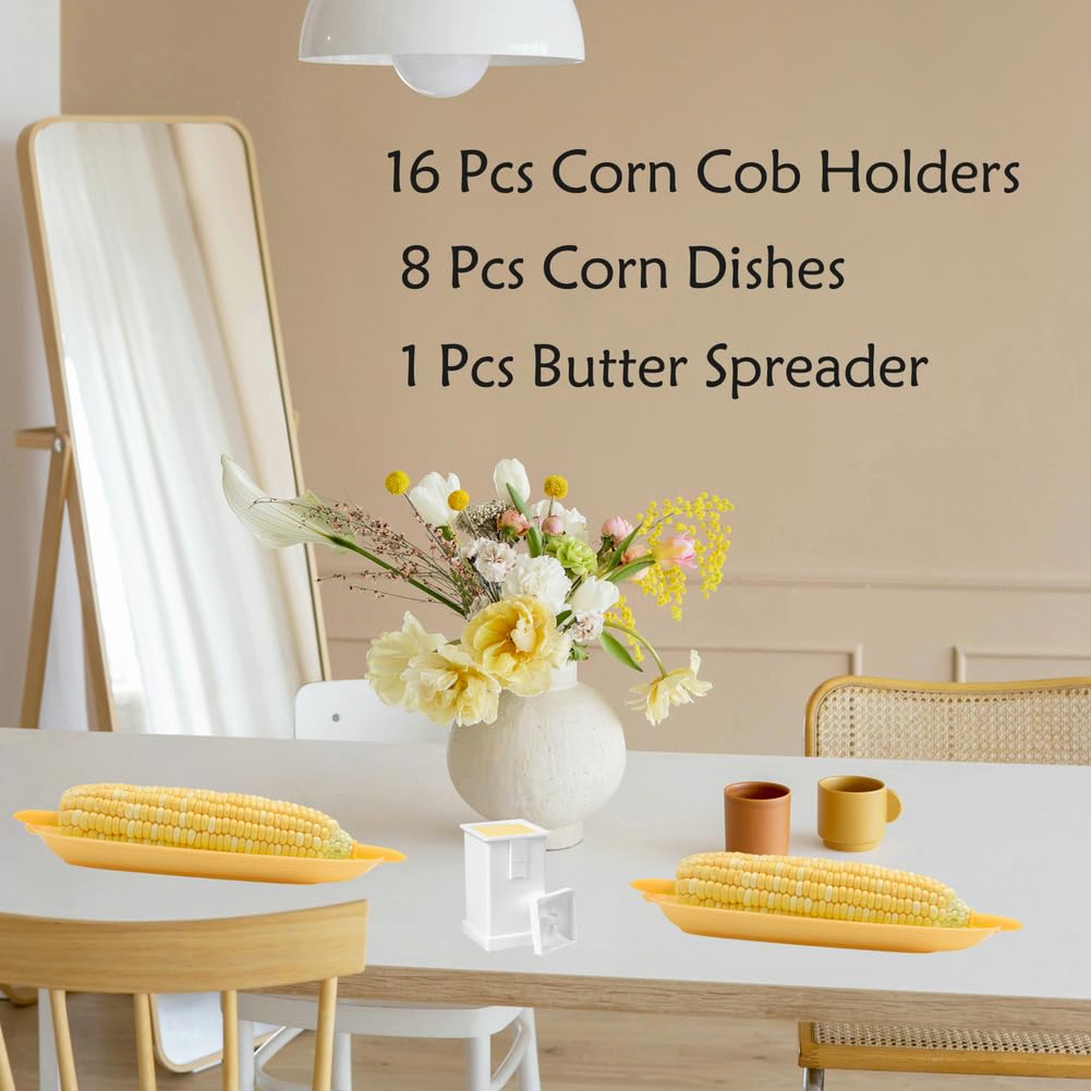 16 Pack Corn Cob Holders And 8 Pack Corn Dishes With Butter Spreader, Corn Dishes And Butter Spreader Set Kits, Corn Cob Holders