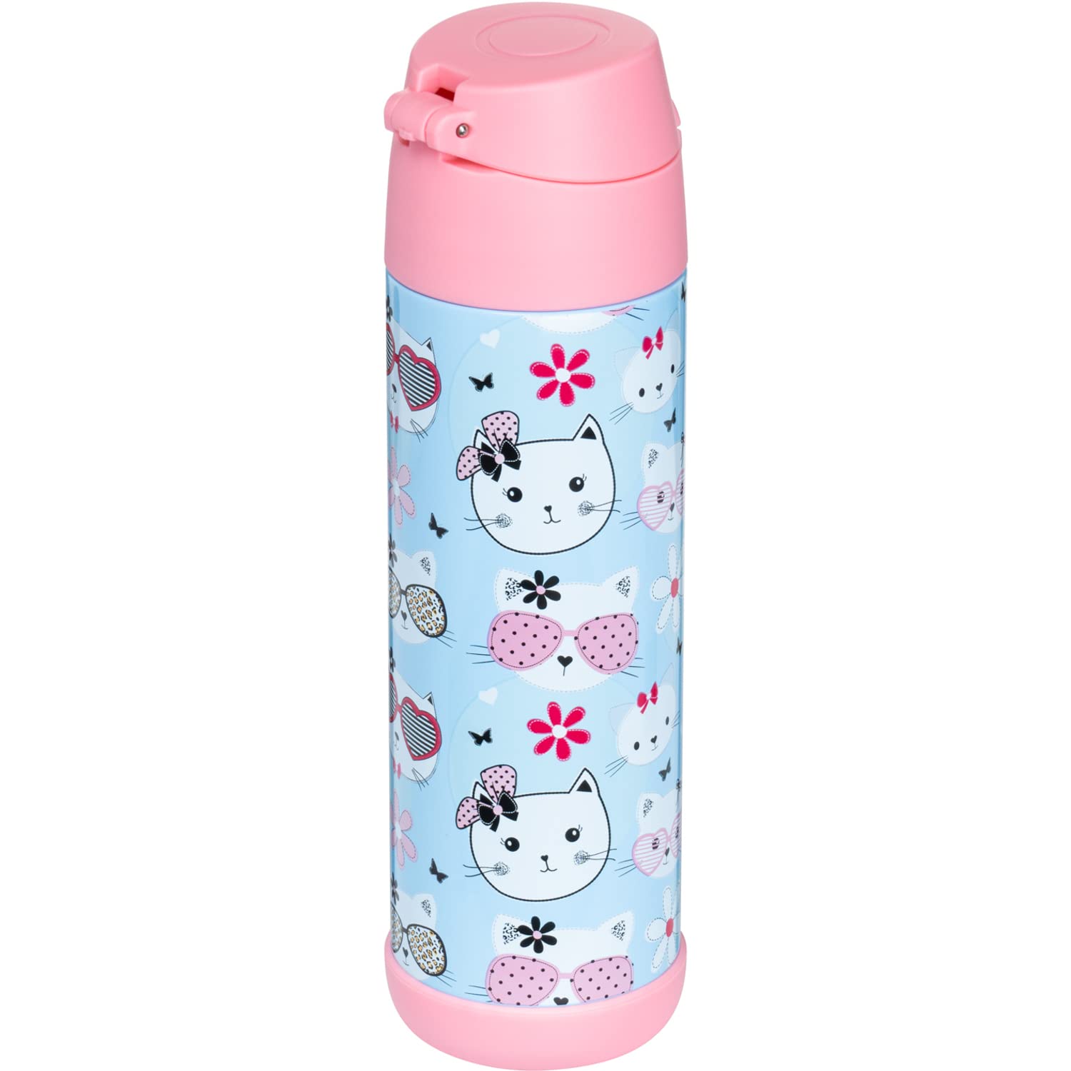 Snug Kids Water Bottle - Insulated Stainless Steel Thermos With Straw (Girlsboys) - Kitty, 17Oz