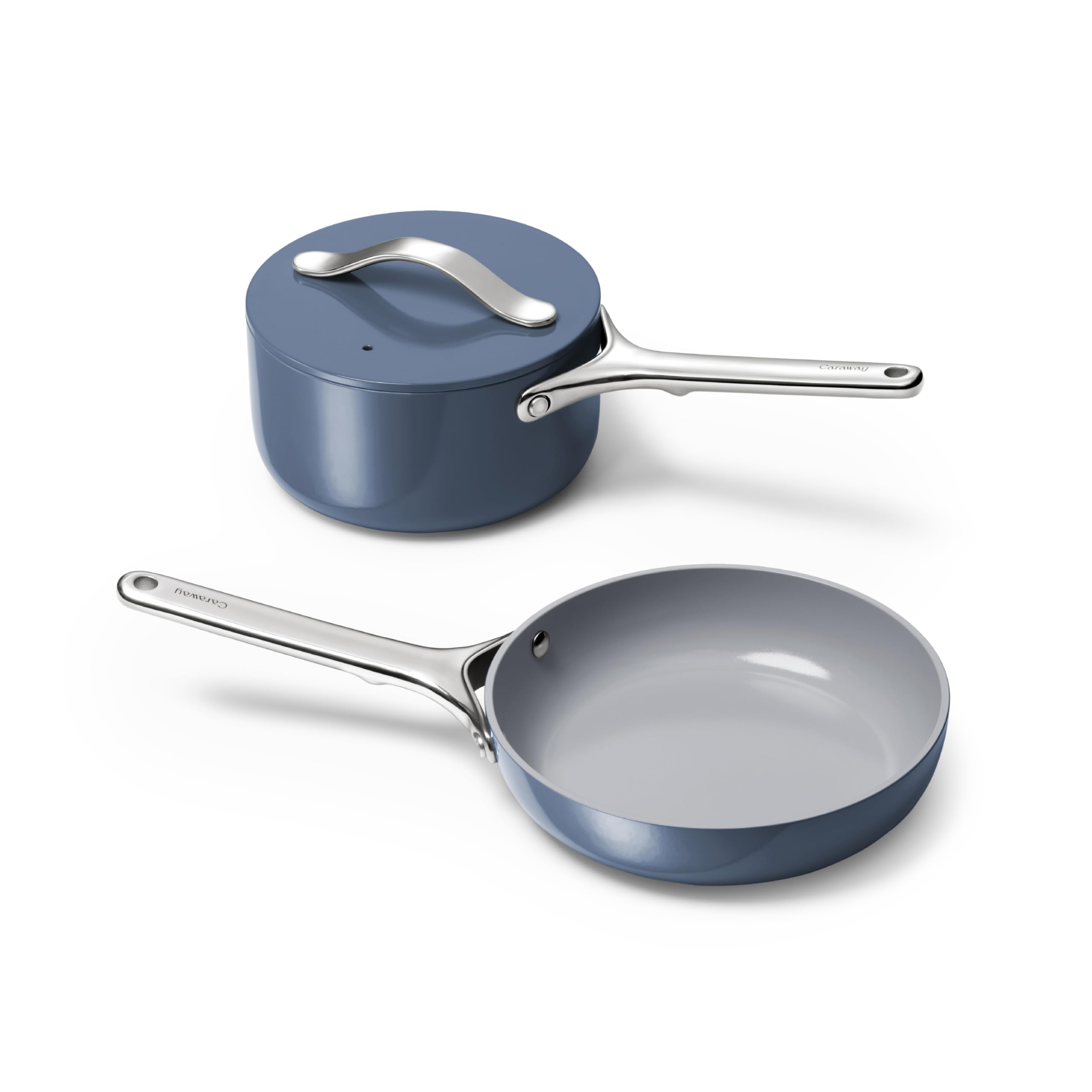 Caraway Mini Cookware Set  NonStick Ceramic Fry Pan (1.05 qt, 8) Sauce Pan (1.75 qt) & Storage Rack  Non Toxic, PTFE & PFOA 