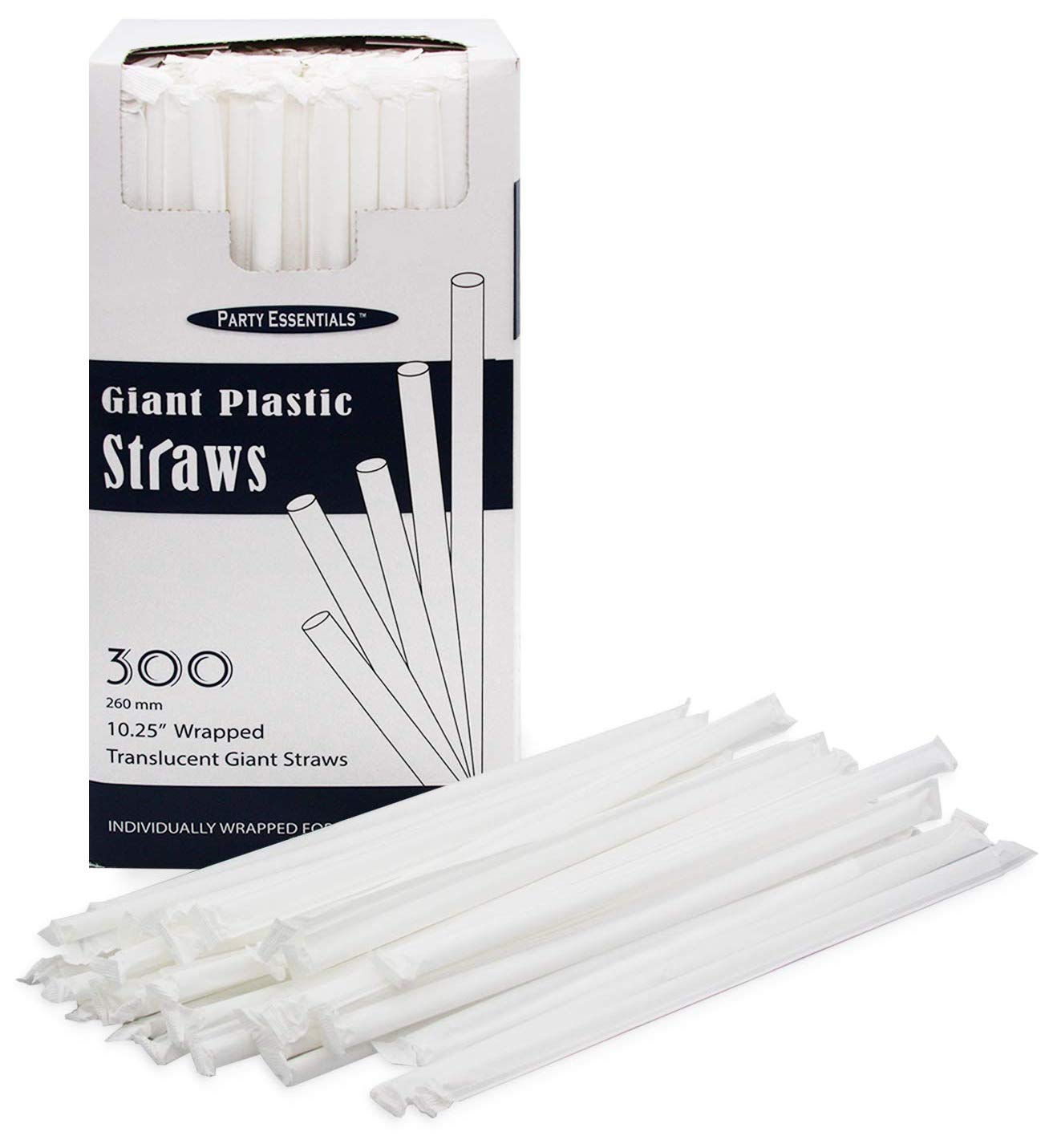 Party Essentials Disposable Plastic Drinking Straws, 10.25'' Giant/300 Count, Individually Wrapped Clear