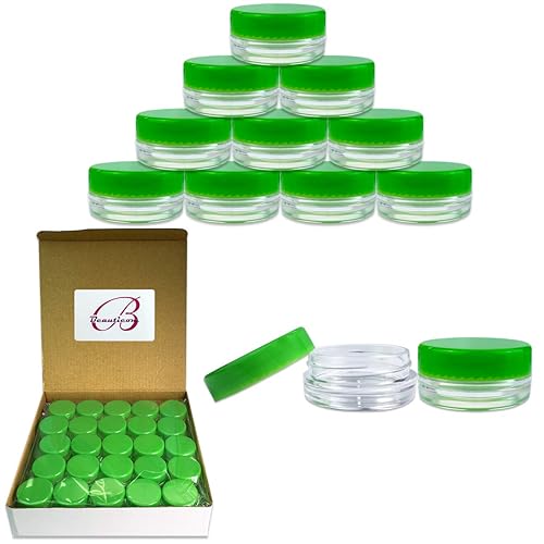 Beauticom 3g/3ml (0.1 Fl Oz) Round Clear Plastic Jars with Round Top Lids for Creams  Lotions  Make Up  Powders  Glitters  and more... (Color: Green Lid Quantity: 50 Pieces)