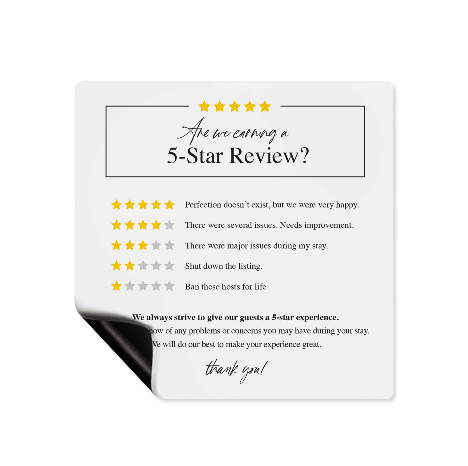 Guest Review Rating Magnet, 5 x 5 Magnetic Sign, Feedback Request and Rental Supplies for Vacation Homes, Guest Rooms, Airbnb, V