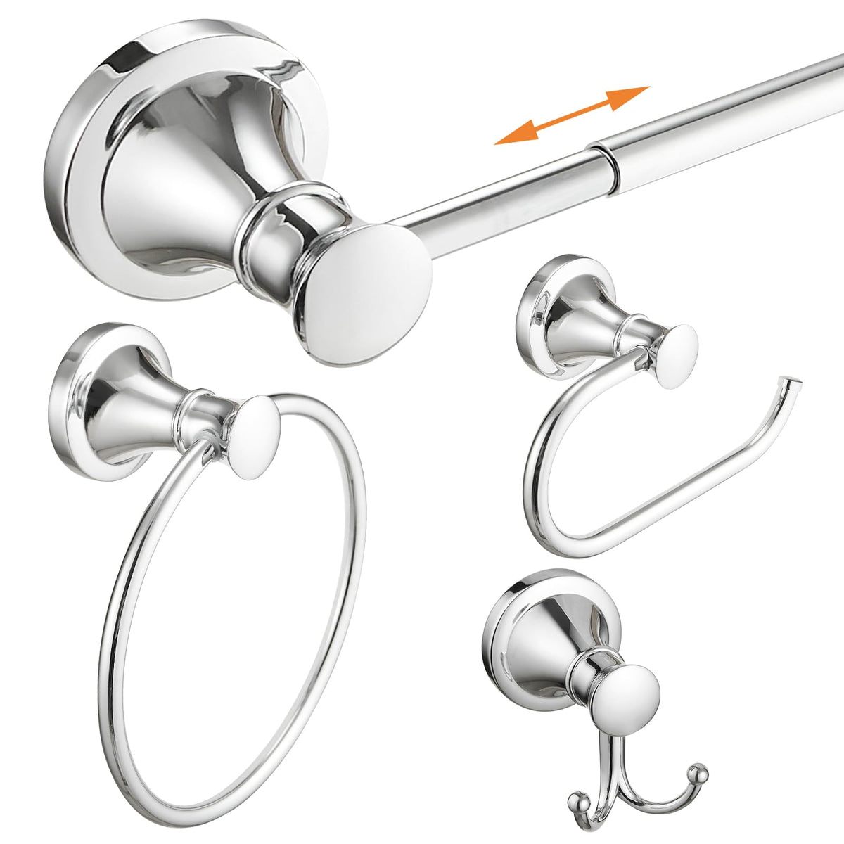 Hoimpro Chrome 4-Piece Bathroom Bath Set, Wall Mount Bathroom Hardware Fixture (Adjustable Towel Bar Rack, Towel Ring Holder, Pa