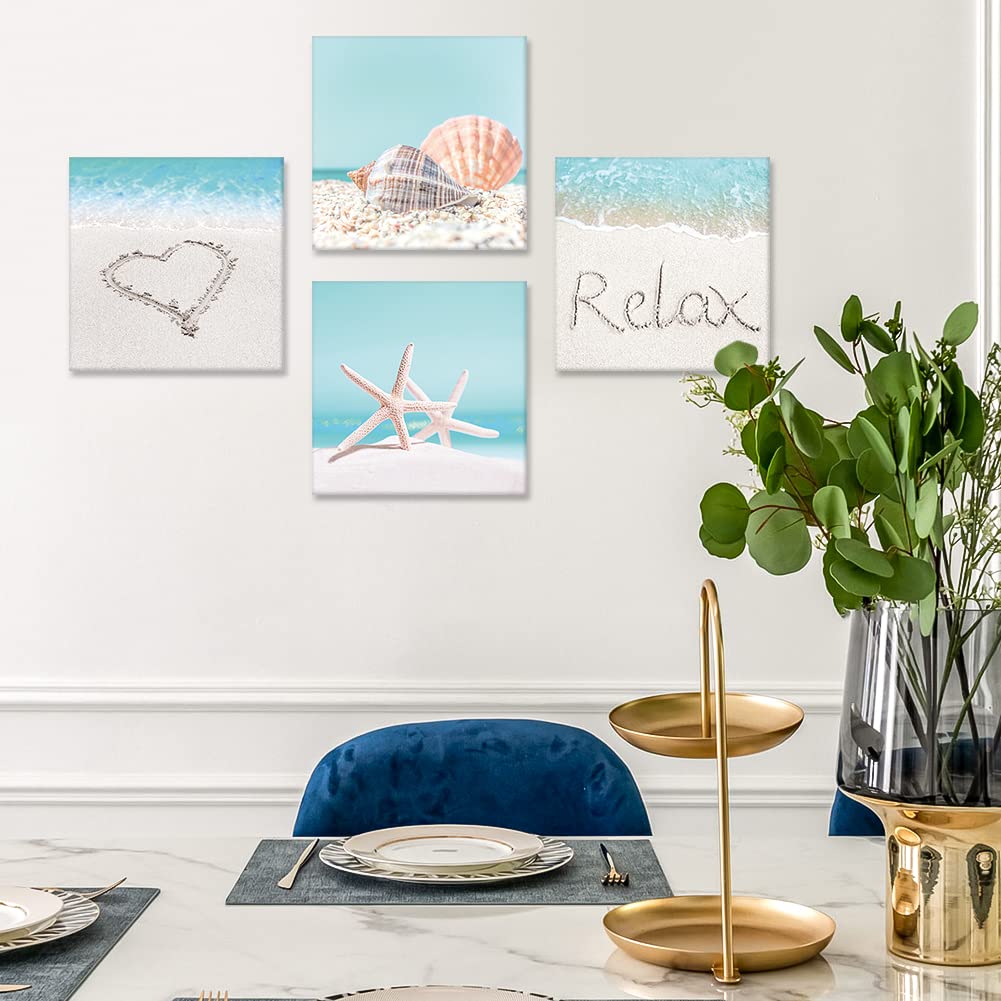 Otostar 4 Pieces Wall Art Canvas Prints - Seashell Starfish And Beach Picture Painting - Modern Wall Artwork Framed For Gifts Ba