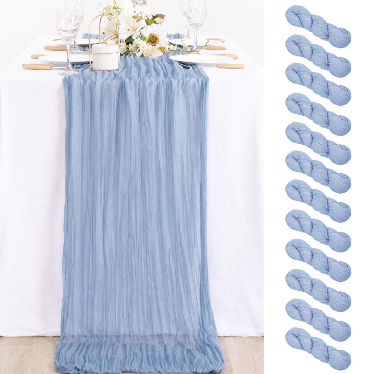 MLMC 12 Pack Dusty Blue Table Runner 10ft Boho Gauze Cheesecloth Valentines Table Runner 35x120 Inches Rustic Cheese Cloth Cente