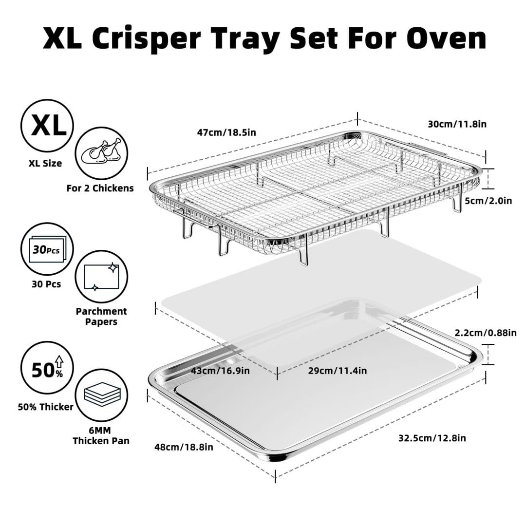 Air Fryer Basket For Oven, Extra Large 18.8'' X 12.8'' Oven Air Fryer Basket And Tray Set With 30 Pcs Parchment Papers, Demaxia