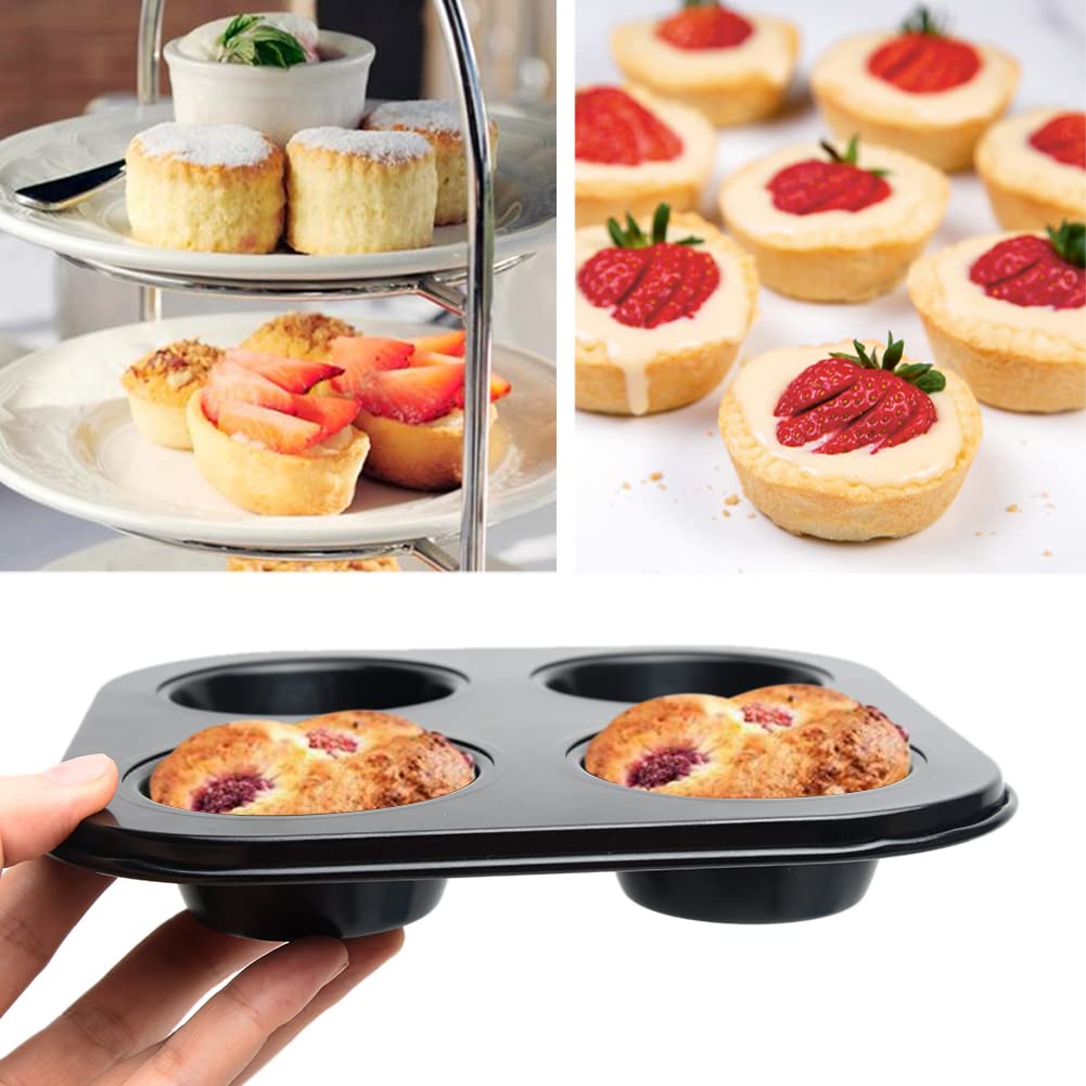 4 Cup Muffin Pan Mold - Non-Stick Cupcake Baking Tray/Tin - Carbon Steel Cake Mould For Home, Cafe Bar And Restaurant (Black)