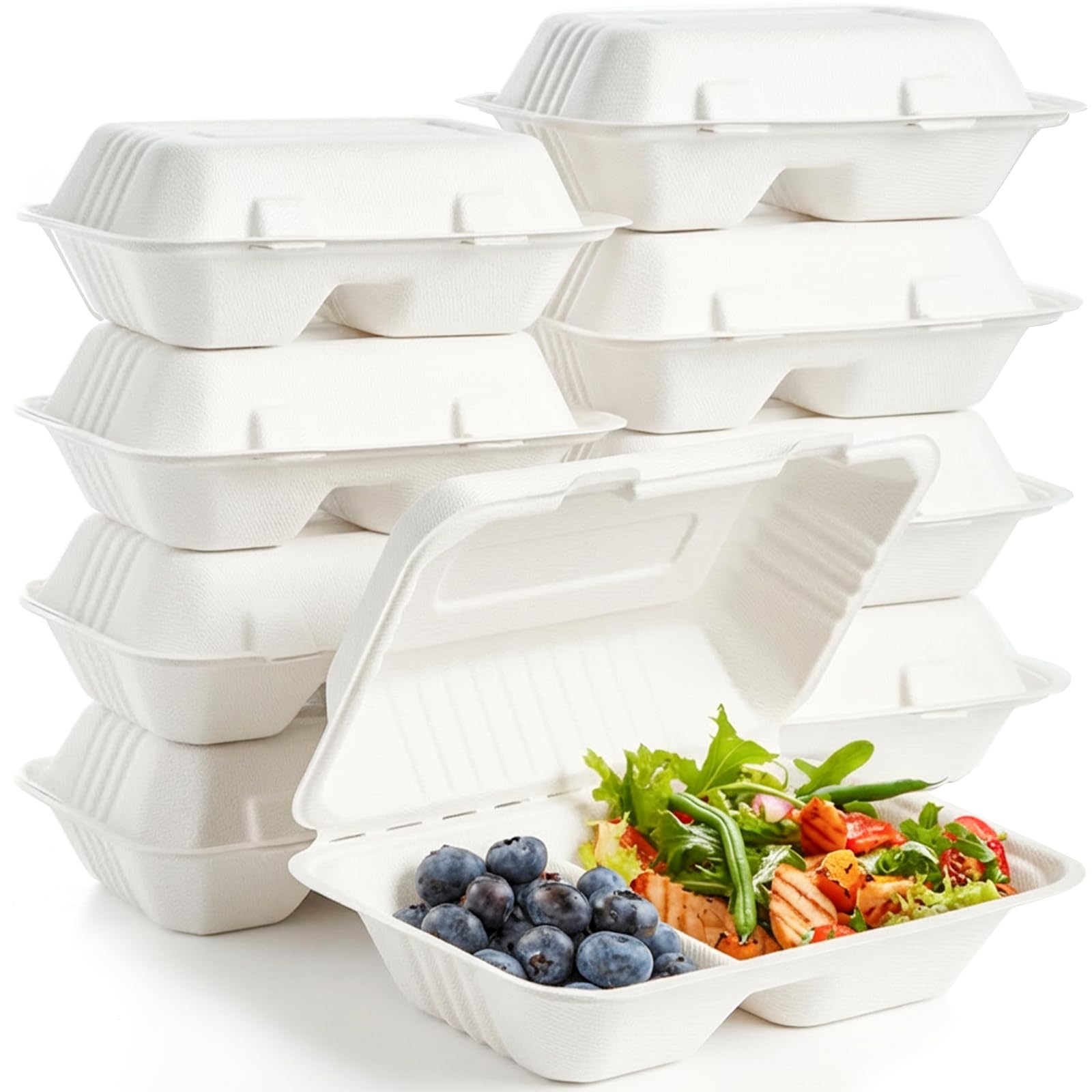 Elsjoy 90 Pack 2Compartment Clamshell Take Out Containers, 9 x 6 Compostable Hinged Food Containers Disposable Bagasse To Go 