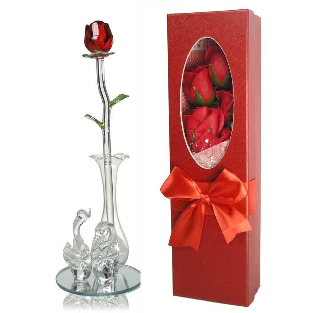 BANBERRY DESIGNS Red Rose in Swan Vase with a Box of Long Steam Roses - Affordable Valentines Day Gift Set