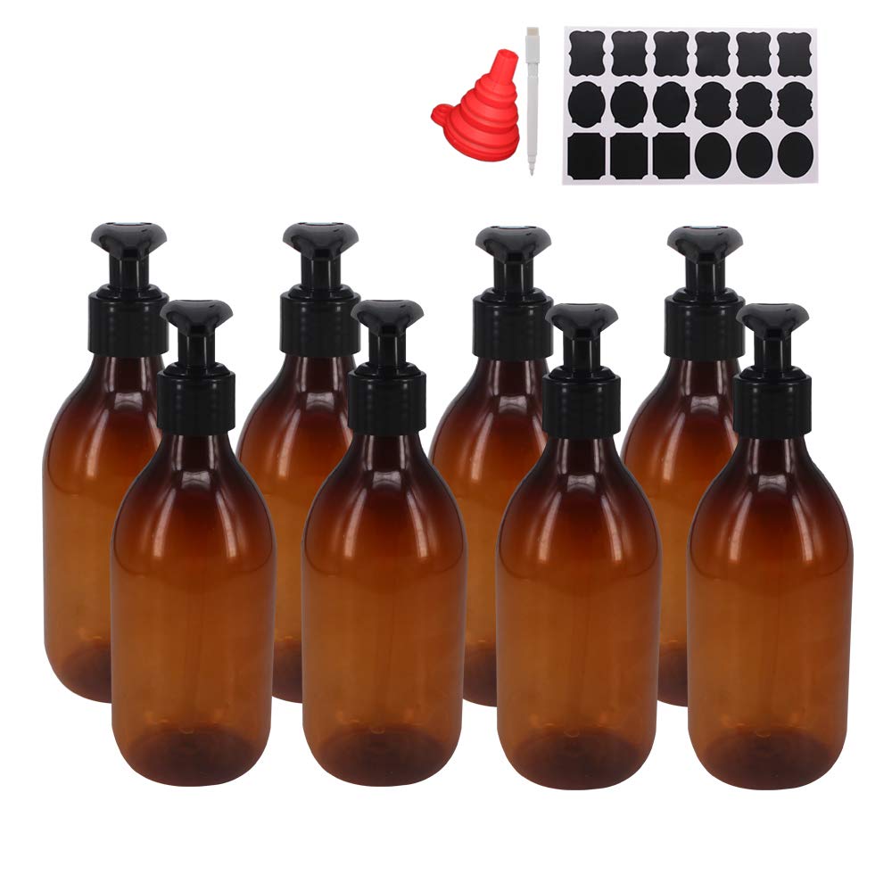 Zmybcpack 8 Pack 8Oz Empty Plastic Pump Lotion Bottles With 1 Pen, Labels & Silicone Funnel, Amber Color Lotion Dispenser With L