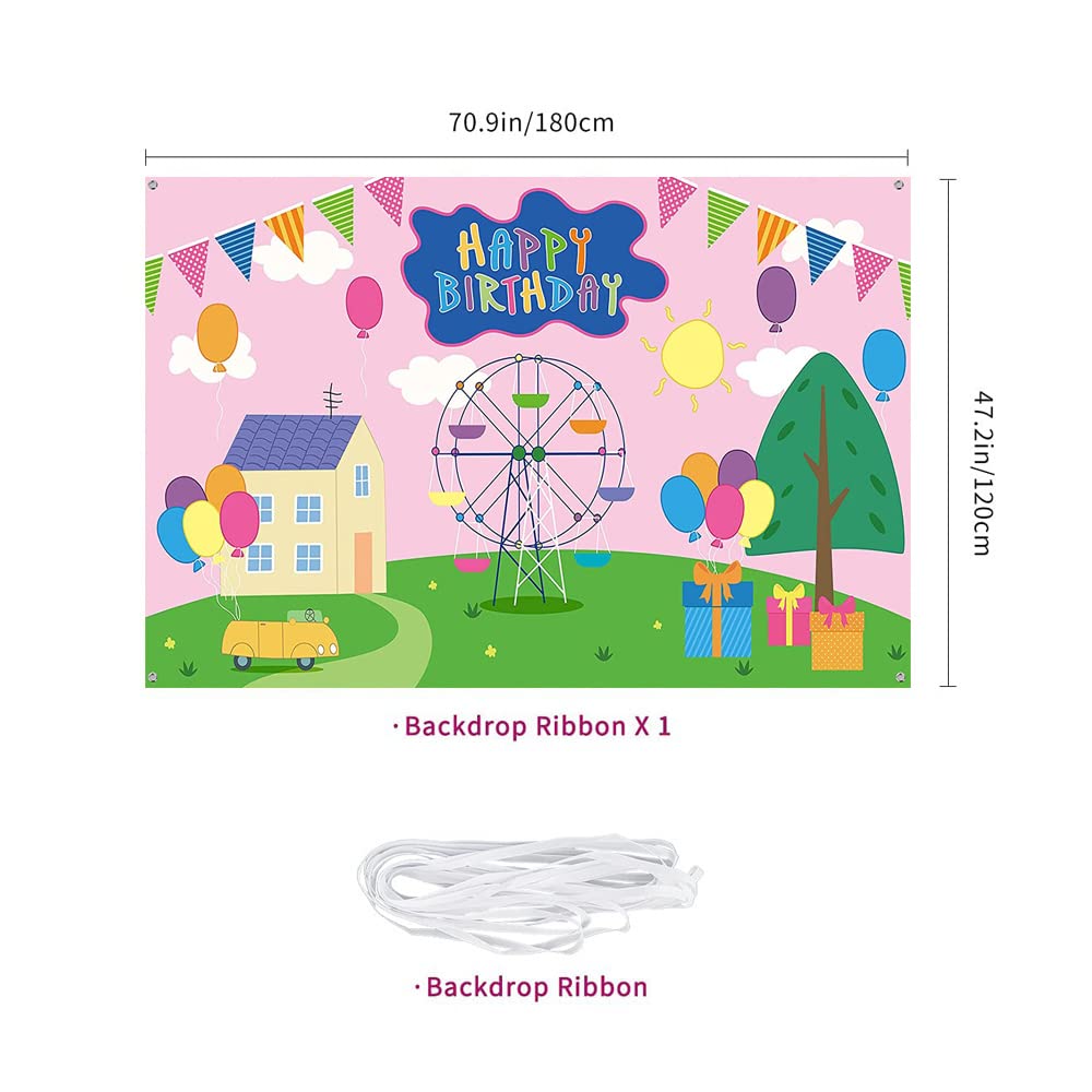 Happy Birthday Backdrop Colorful Cartoon House Sky Flag Car Photography Background Cartoon Pink Pig Theme Banner for Baby Shower