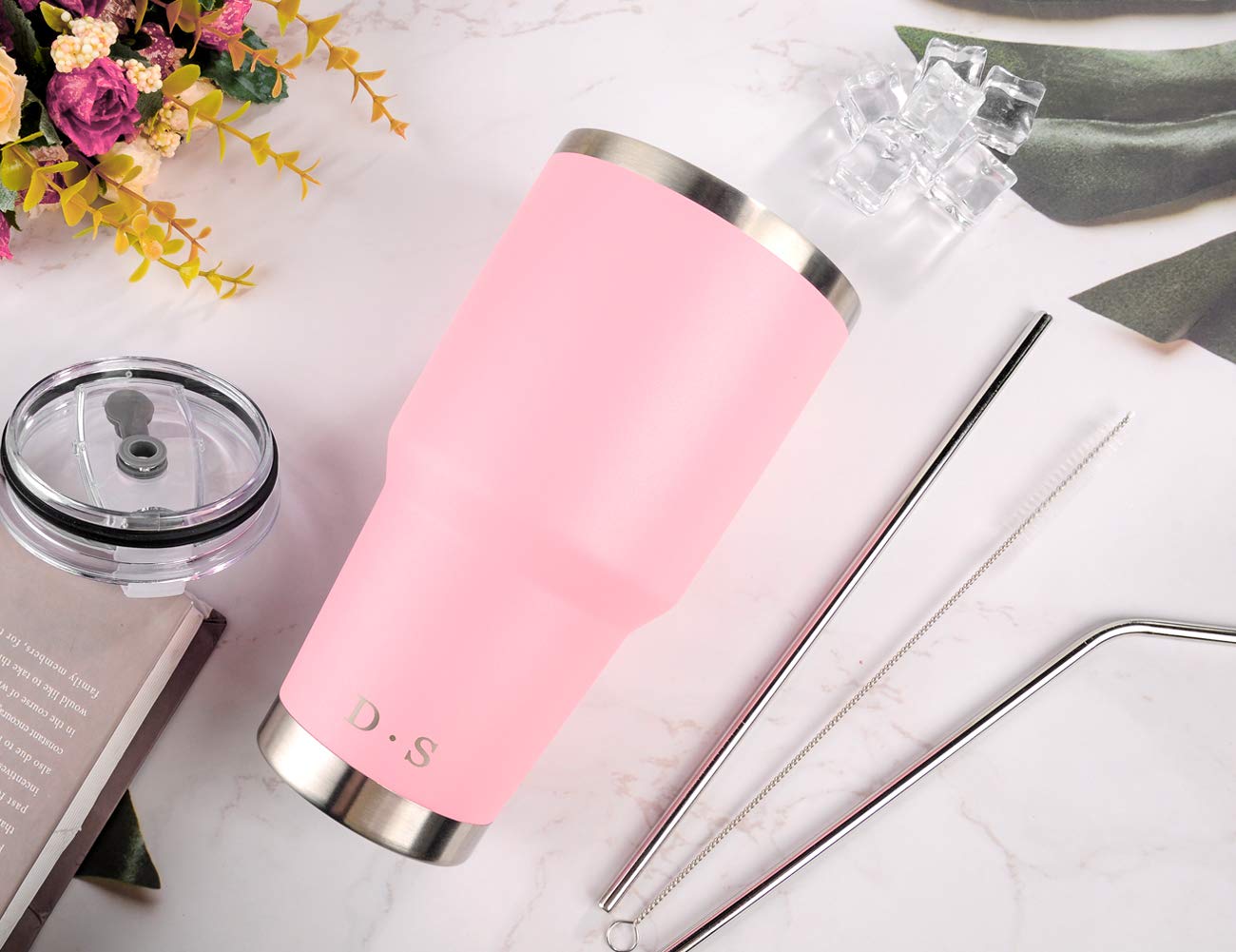 DS 30 oz Pink Tumbler Stainless Steel Double Wall Vacuum Insulated Mug with Straw and Lid, Cleaning Brush for Cold and Hot Bever