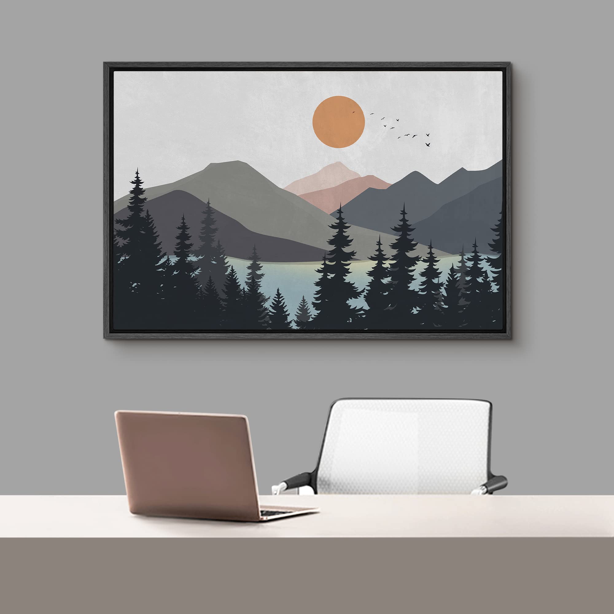 Signford Framed Canvas Print Wall Art Woodland Nursery Decor Pastel Mountain Pine Tree Lake Nature Wilderness Modern Art Decorat