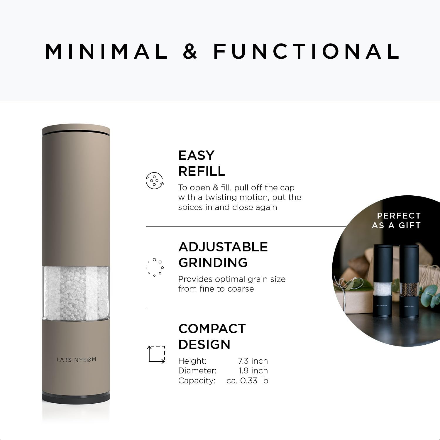 Lars Nysm Salt And Pepper Mills Set Stainless Steel With Adjustable Ceramic Grinder 2 Pieces I Design Spice Mills Set Manual (Gr