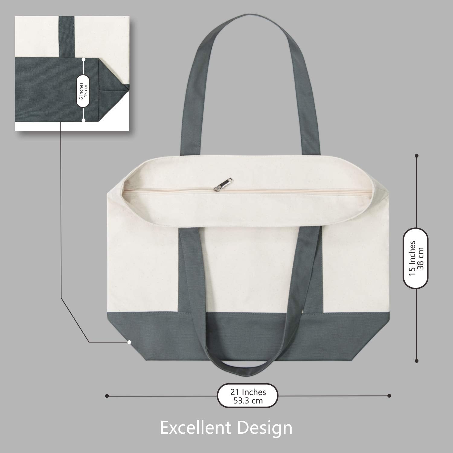 Topdesign Stylish Canvas Tote Bag With An External Pocket, Top Zipper Closure, Daily Essentials (Grey/Natural)