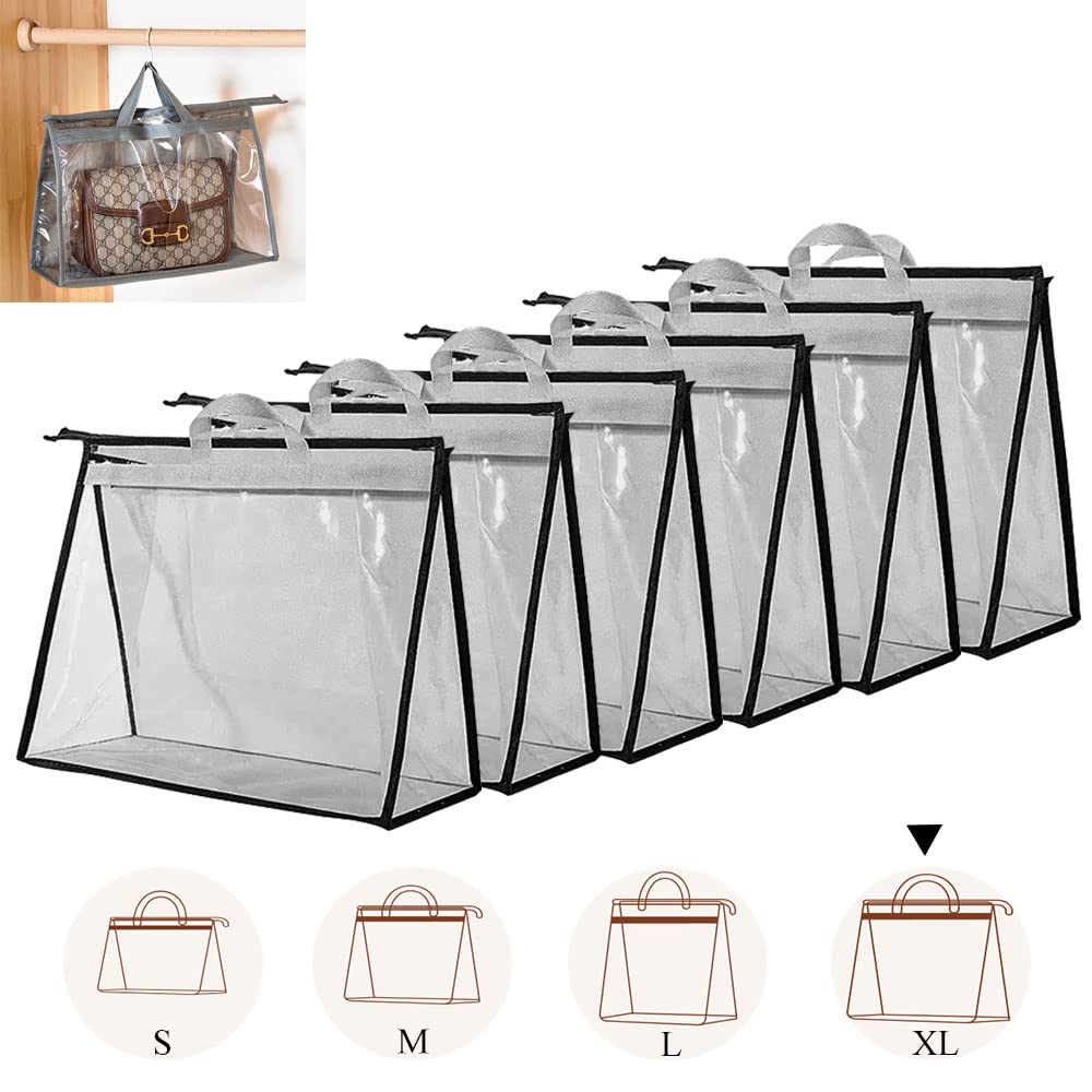 Fazhongfa 6Pcs Dust Bags For Handbags Clear Purse Storage Organizer Non-Woven Hanging Bag Closet With Zipper And Handle (Xl Ligh
