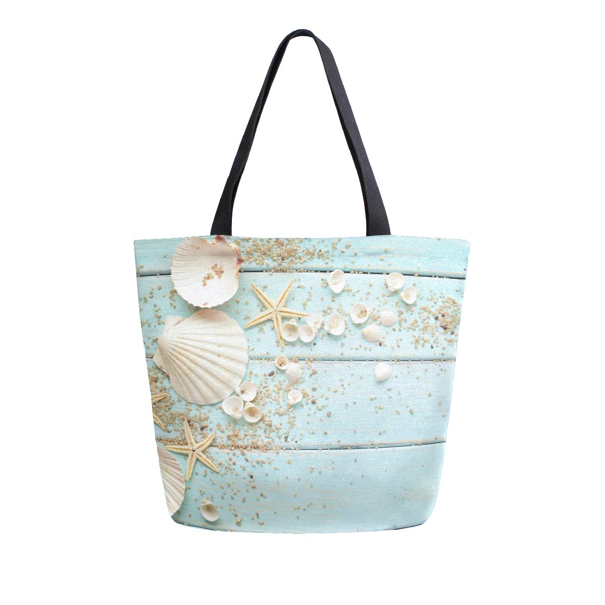 Naanle Ocean Canvas Tote Bag Large Women Casual Shoulder Bag Handbag, Wooden Seashell Reusable Multipurpose Heavy Duty Shopping