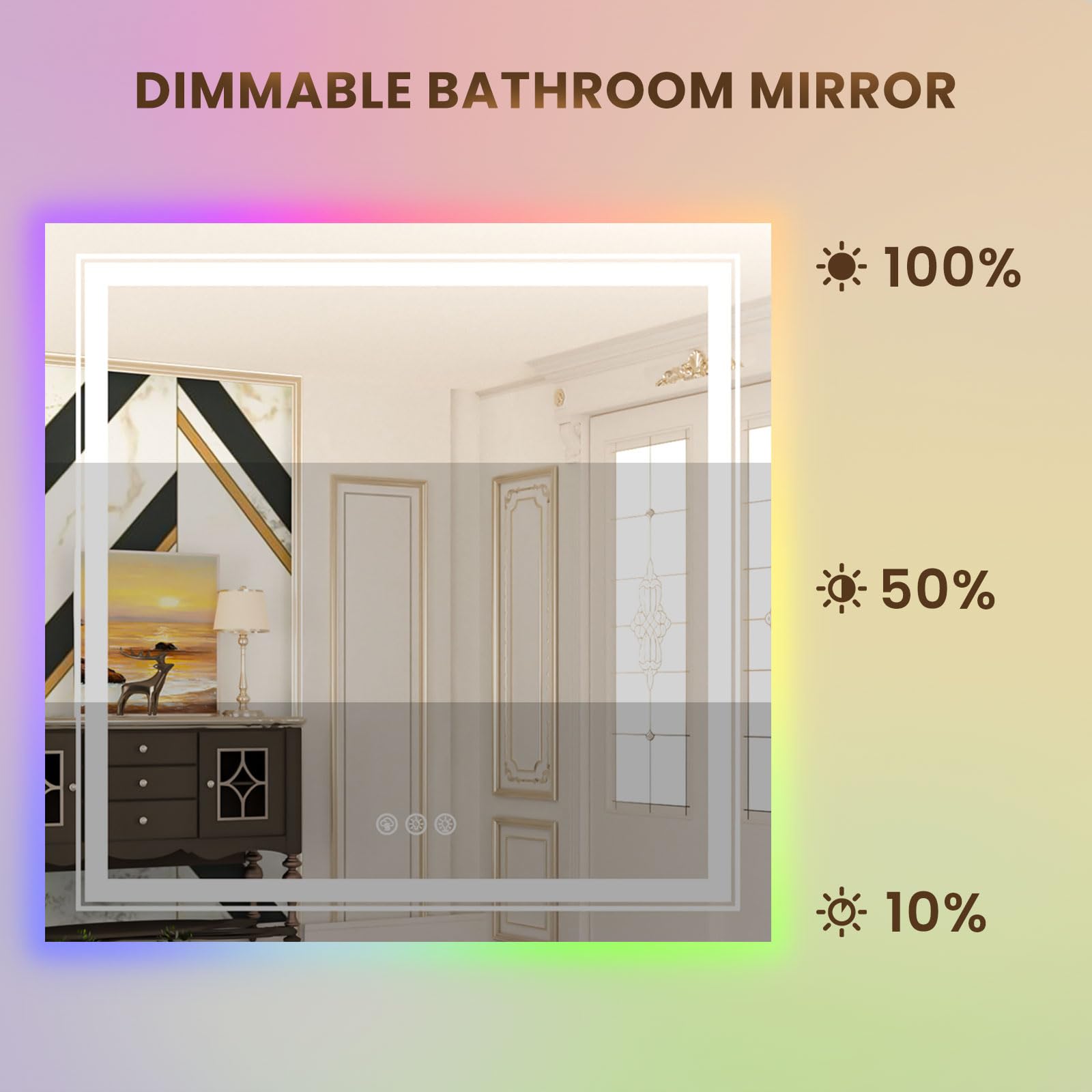Wtty Rgb Led Bathroom Mirror 36''X36'' With Backlit And 3 Front Light,Stepless Dimmable Led Mirror For Bathroom,Lighted Bathroom