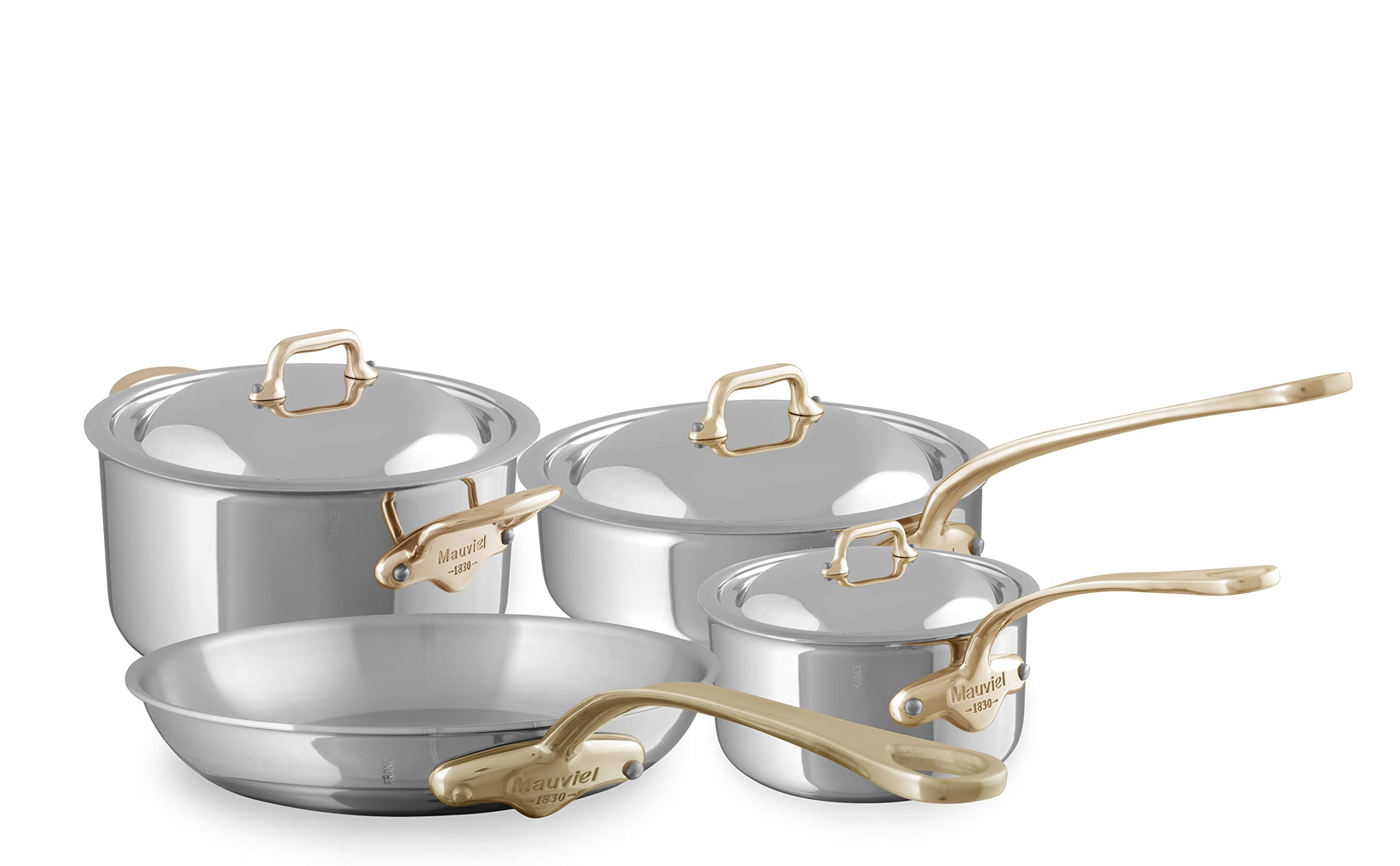 Mauviel MCook B 5Ply Polished Stainless Steel 7Piece Cookware Set With Brass Handles, Made In France