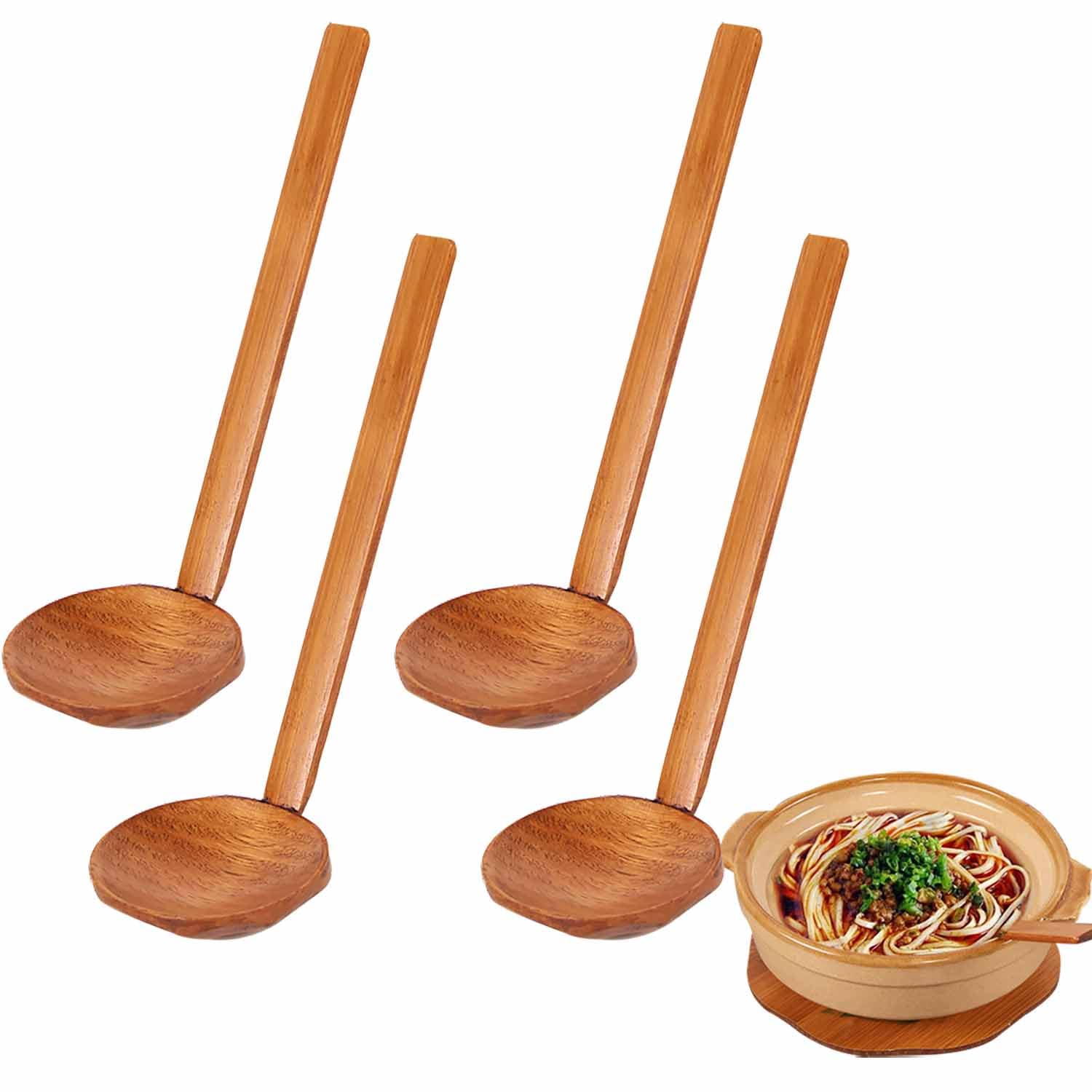 4 Pcs Japanese Soup Spoon Wooden Ramen Spoons With Long Handle, Tortoise Pot Spoon For Porridge Restaurant, Household, Eating Mi