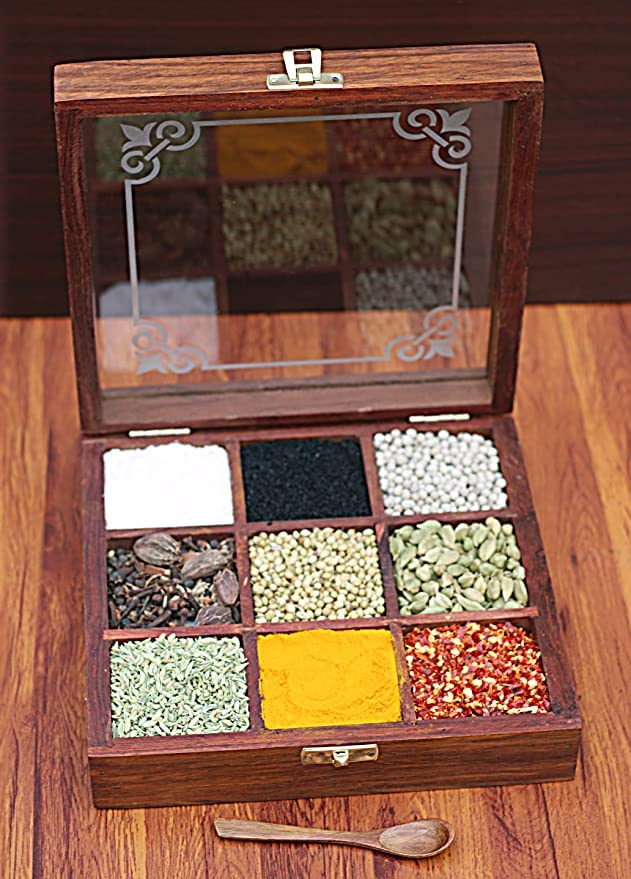 Anaya Afroz Spice Box With Spoon In Shesham Wood Spice Box For Kitchen Indian Wood Container With Lid Decorative Masala Dabba O