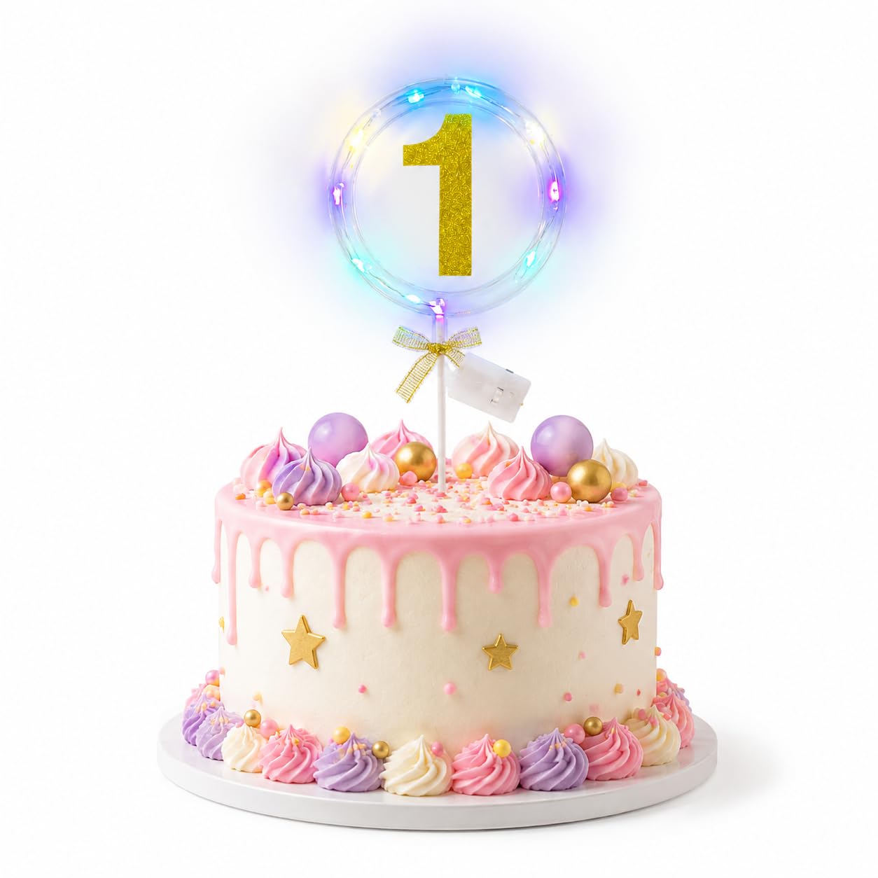 Wanna Party Number 1 Led Cake Topper, Transparent Round Design With Gold Glitter Number, BuiltIn Light String & Bow, First Birt