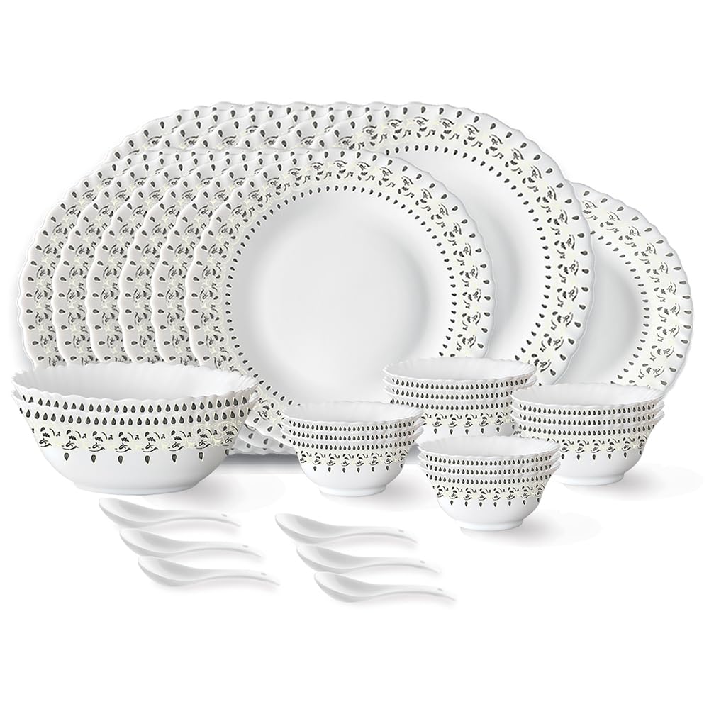 Larah By Borosil Ora Gold Fluted Series Opalware Dinner Set Of Plate, Veg Bowls, Soup Bowl, Spoons, Serving Bowl And Oval Rice P