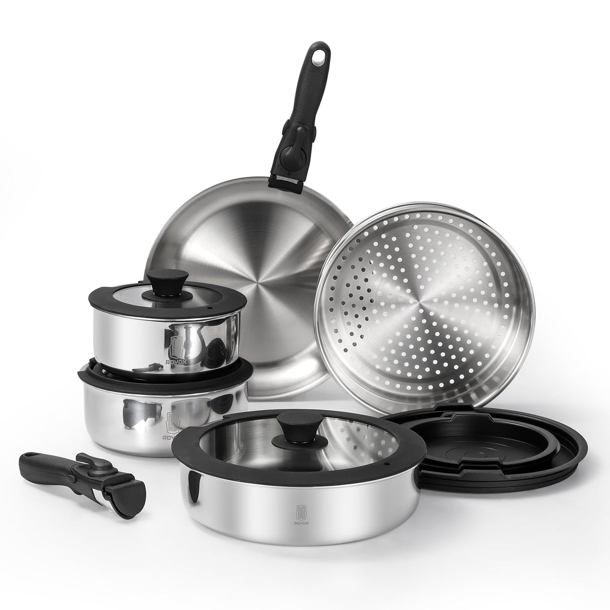 ROYDX 3-Ply Pots and Pans Set,18/10 Stainless Steel Cookware Set with Detachable Handles,PFOA Free, Frying Pan,Saucepans with Li