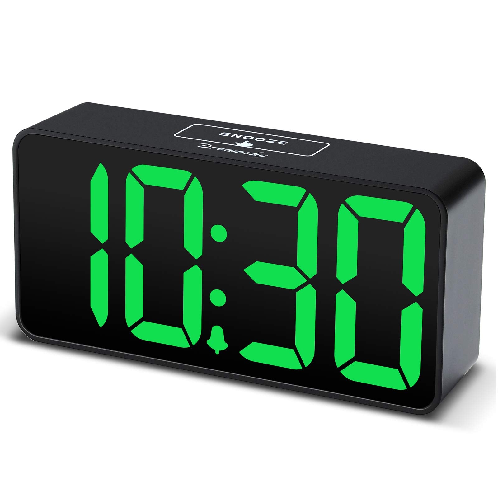 DreamSky Compact Digital Alarm Clock with USB Port for Charging, 0-100% Brightness Dimmer, Green Bold Digit Display, 12/24Hr, Sn