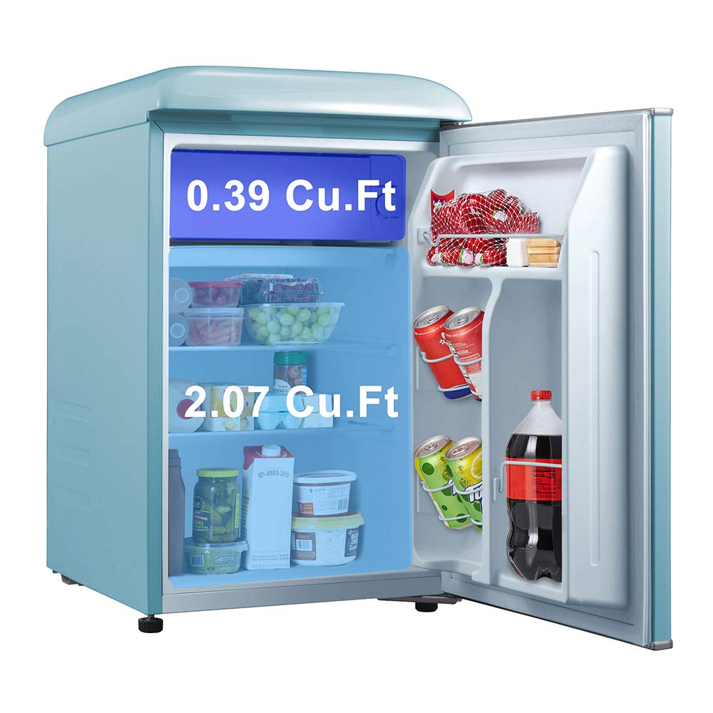 Galanz Glr25Mber10 Retro Compact Refrigerator, Mini Fridge With Single Doors, Adjustable Mechanical Thermostat With Chiller, Blu