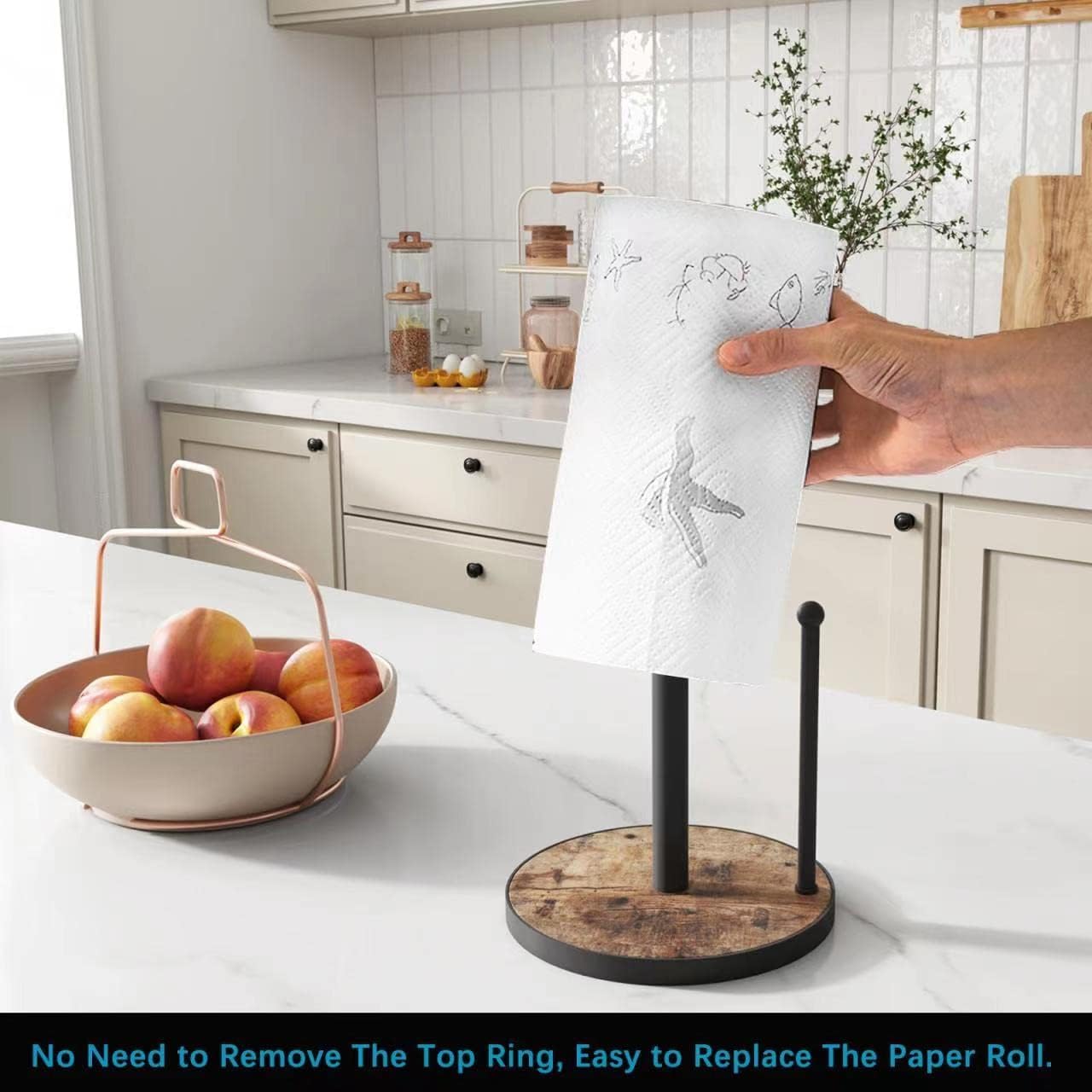 Oropy Paper Towel Holder Countertop With Heavy Duty Wood Base, Farmhouse Paper Towel Roll Stand For Kitchen Counter Fits Standar