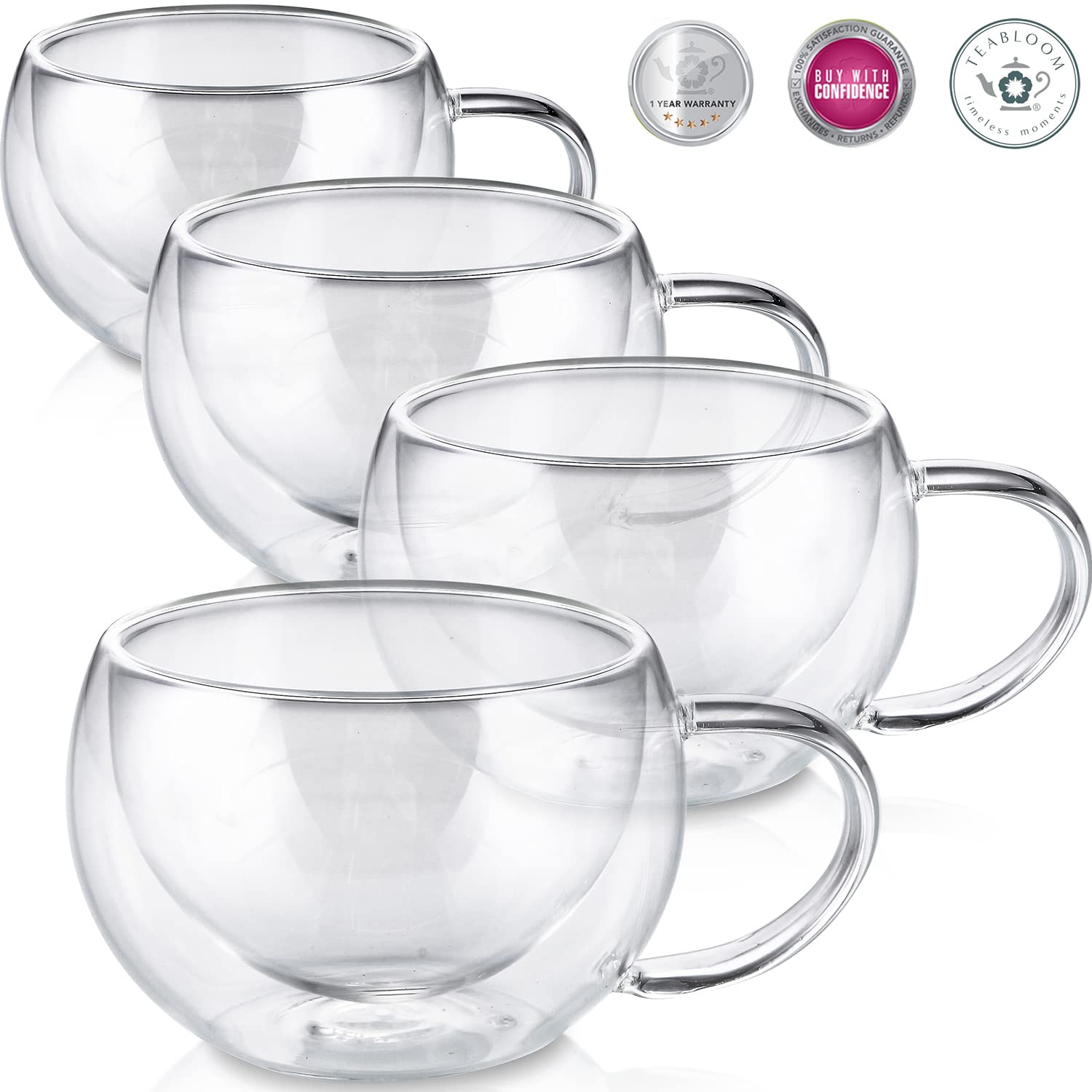 Teabloom Modern Classic Insulated Cups - 6 Oz / 200 Ml - Set Of 4 Double Walled Glass Cups For Tea Or Espresso